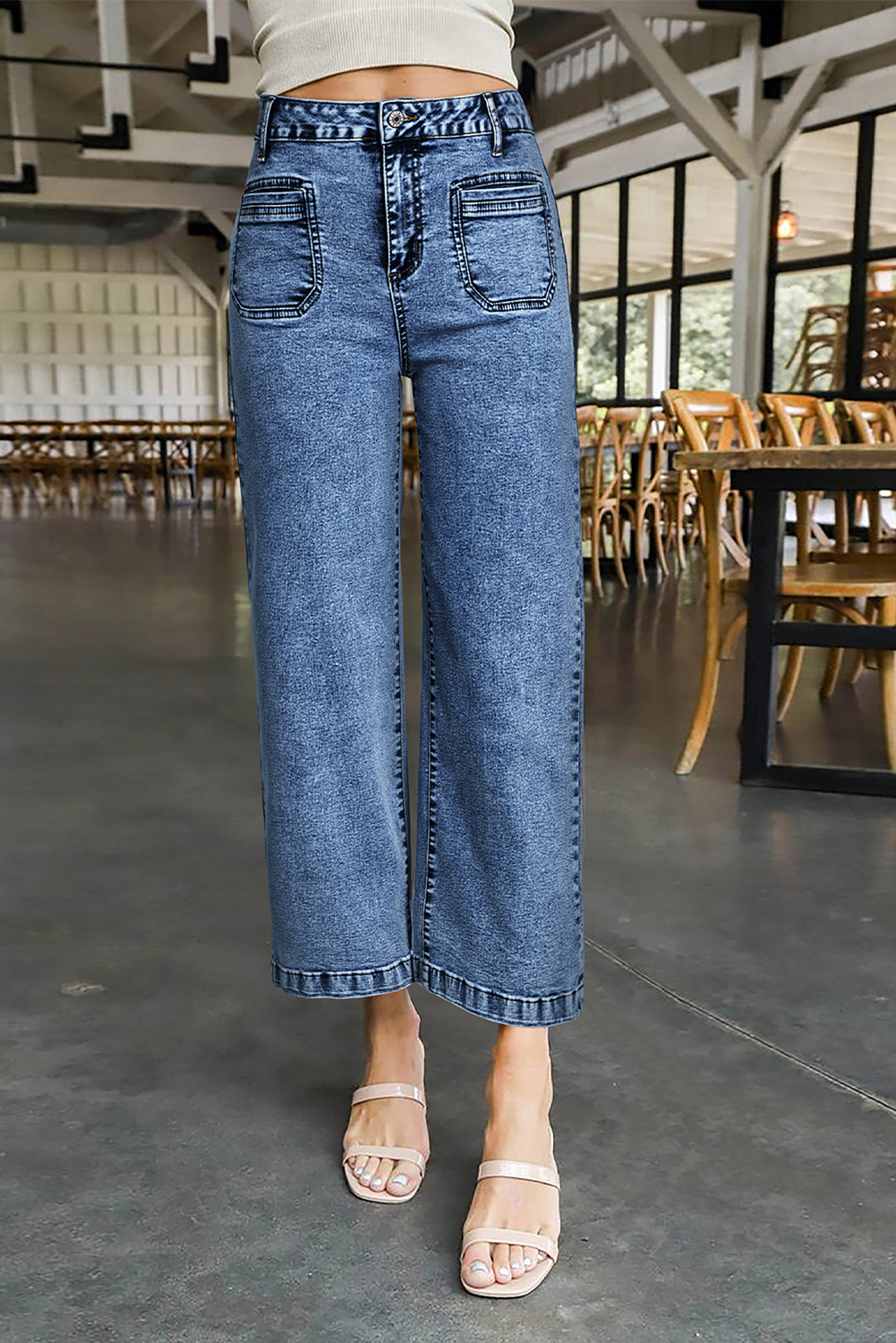 Light Blue Chic Patch Pocket Straight Leg Loose Jeans