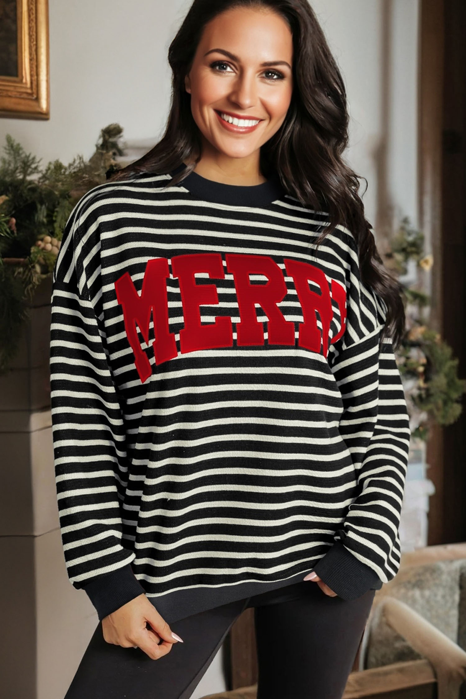 White Stripe Contrast MERRY Letter Christmas Print Drop Shoulder Sweatshirt