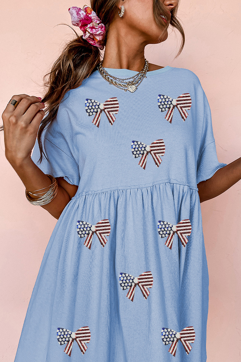 Sky Blue Star and Stripes Sequin Bow Patched T Shirt Babydoll Dress