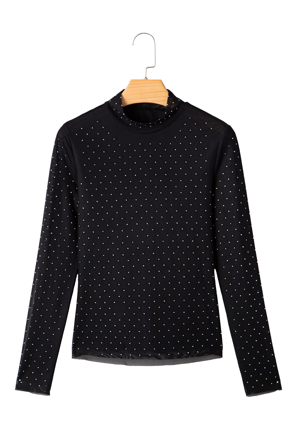 Black Rhinestone Embellished Mesh Long Sleeve Top