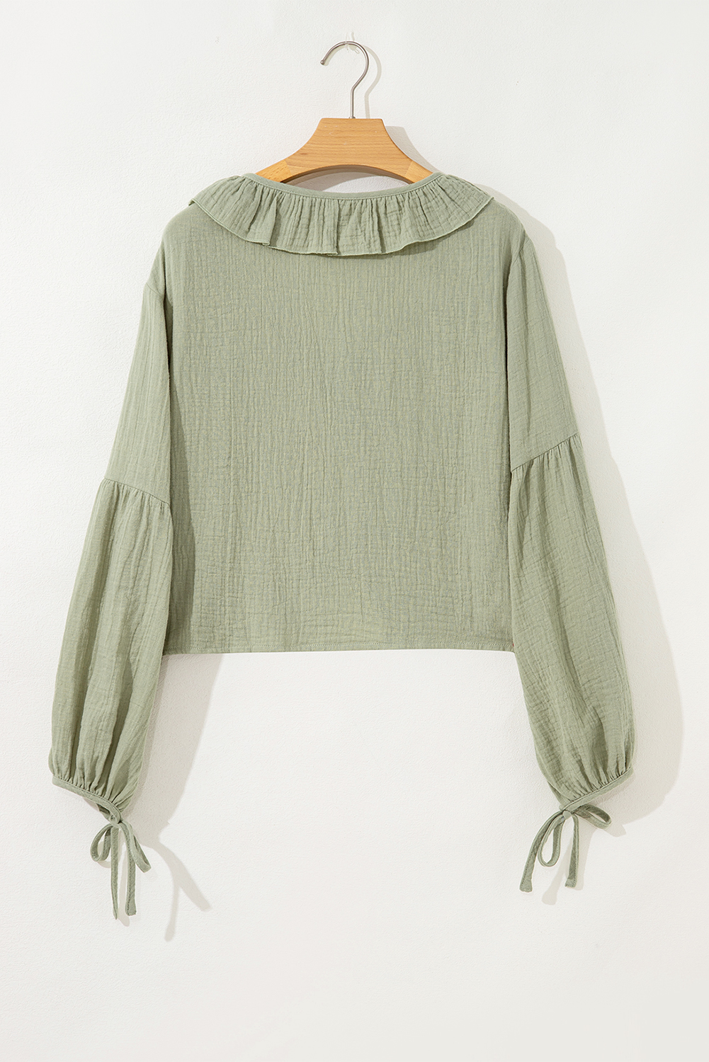 Meadow Mist Green Bow Tie Front Ruffle Trim V Neck Long Sleeve Gauze Blouse