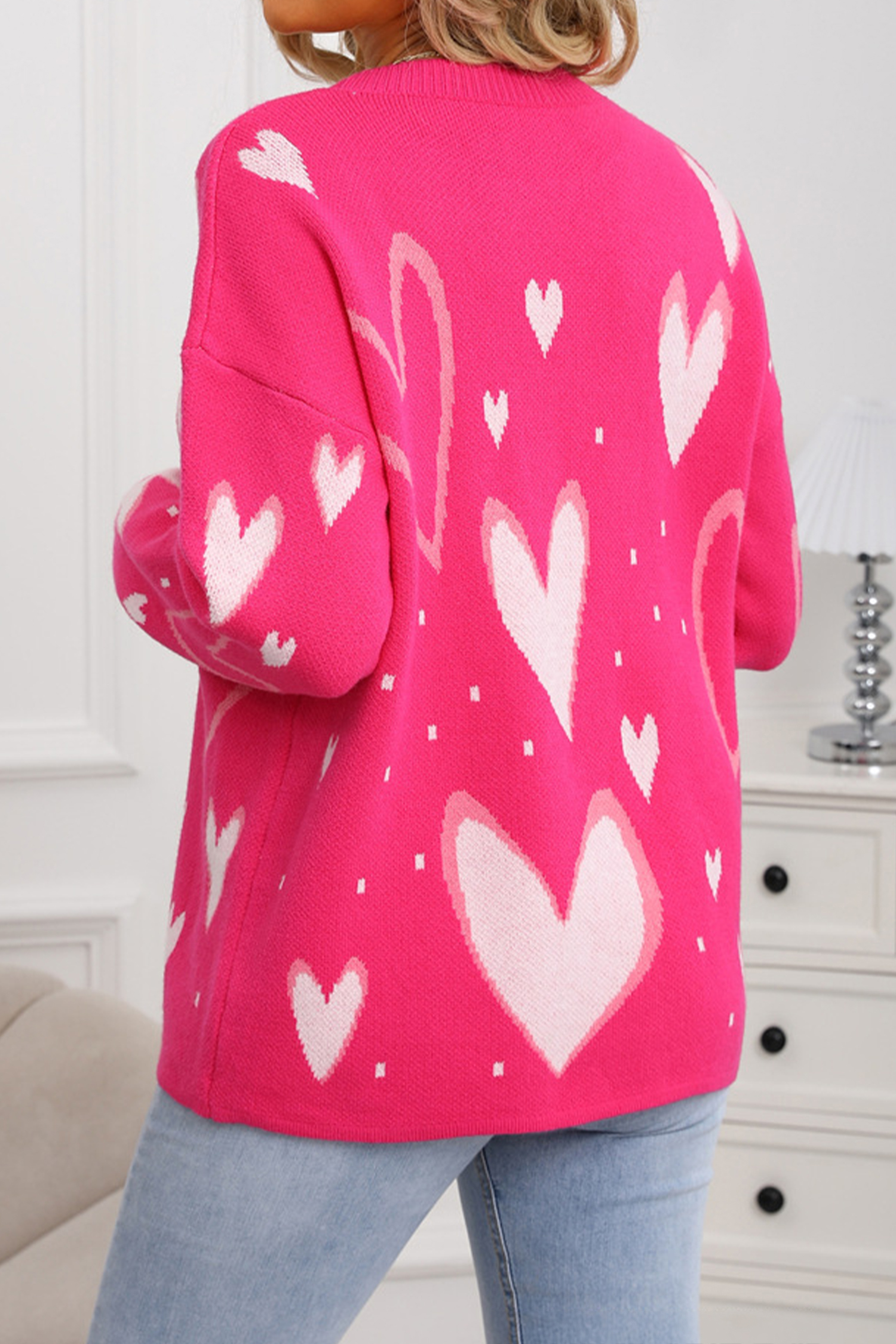 White Splendid Heart Print Valentines Day Sweater