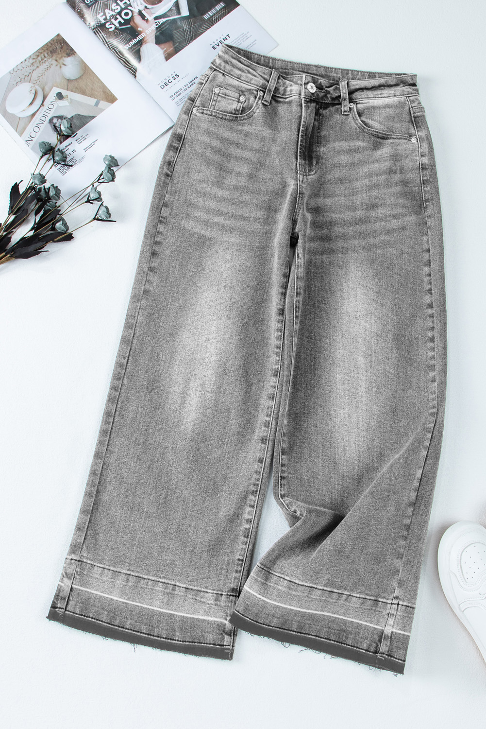 Gray Raw Hem Straight Leg Loose High Waist Jeans
