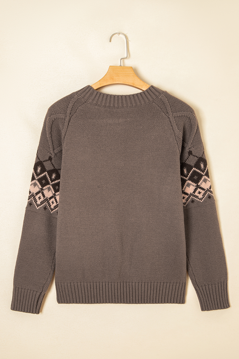 Light French Beige Western Geometric Patterned Crew Neck Knitted Sweater