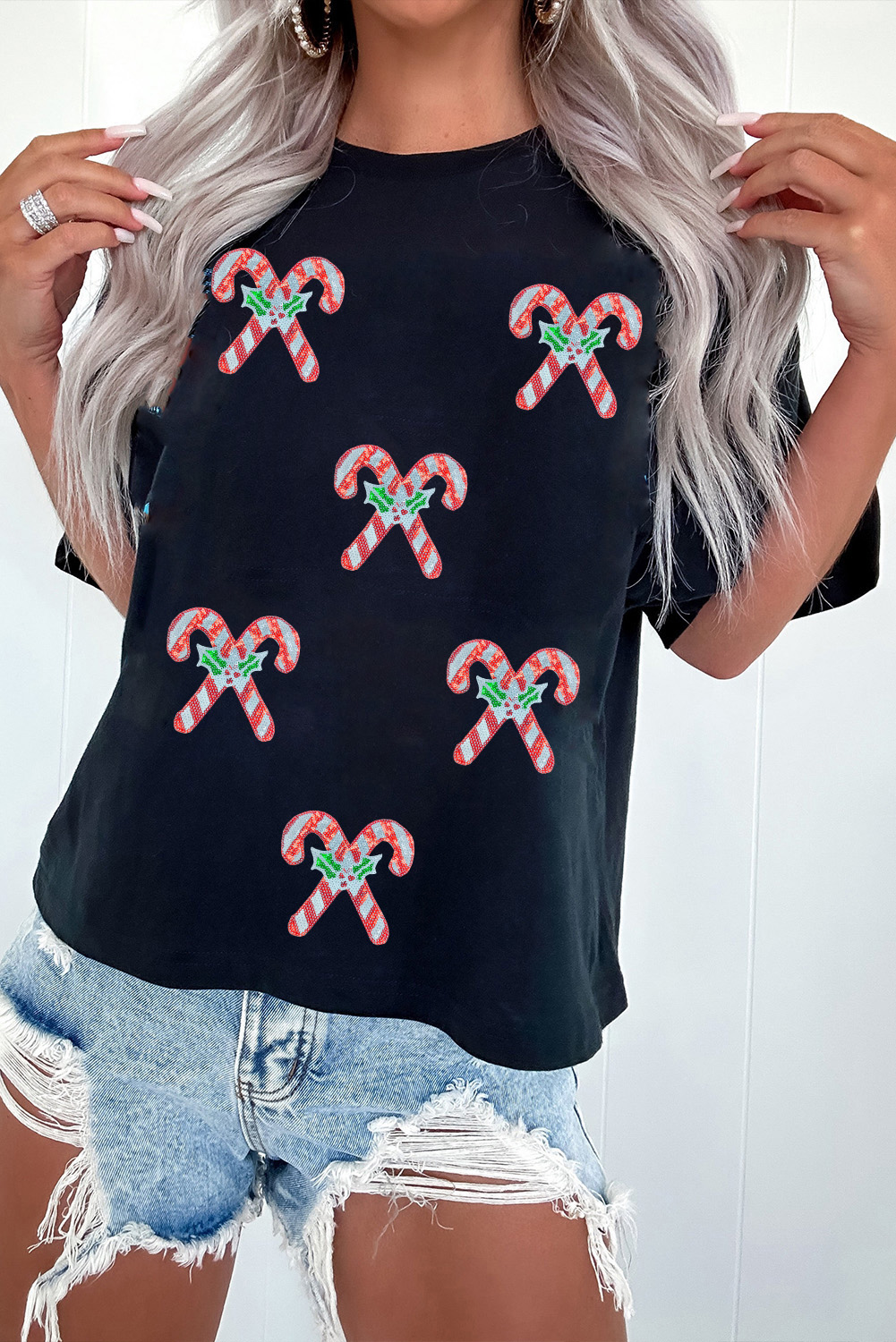Black Holly Candy Cane Christmas Sequin Graphic T Shirt