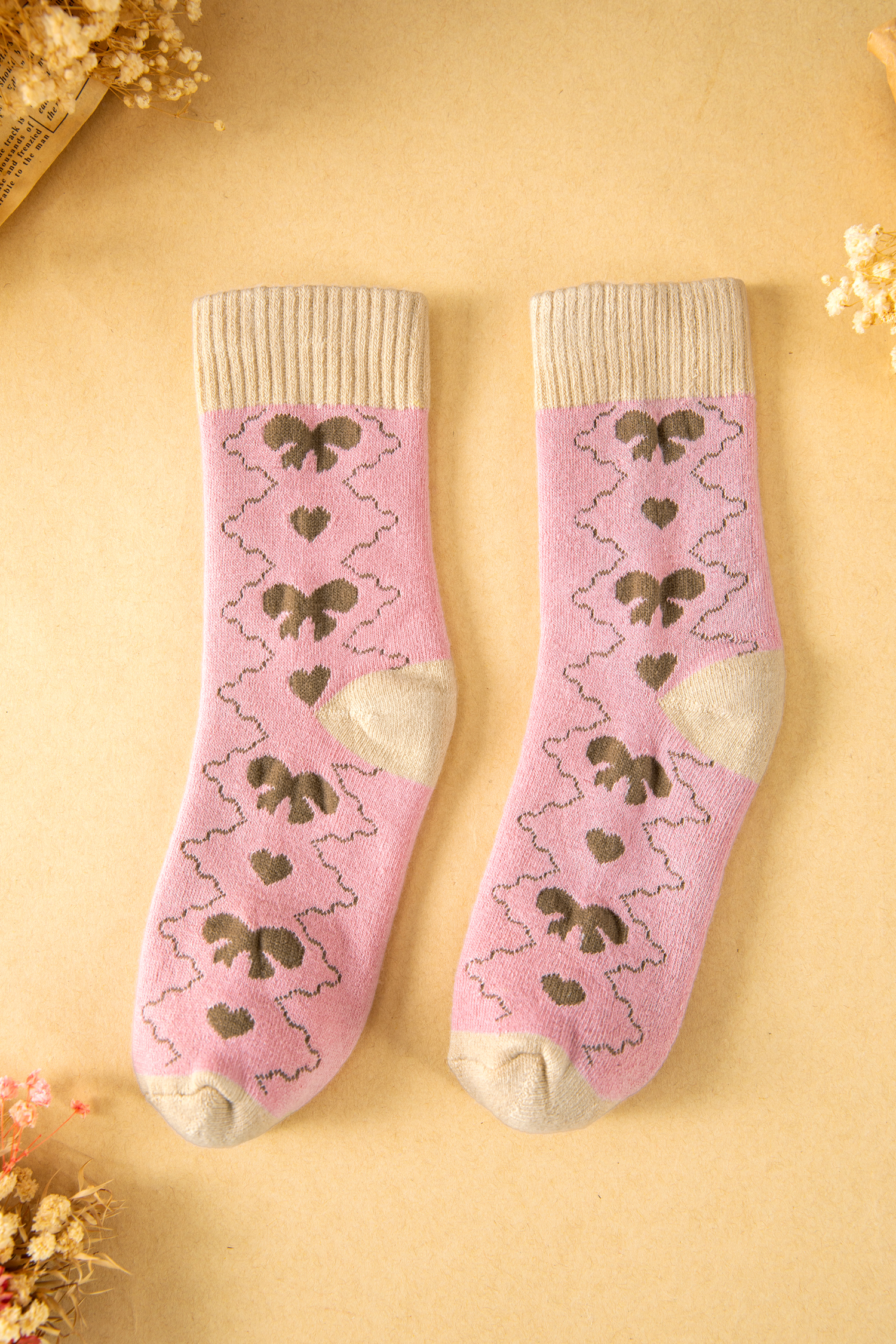 Pink Geometric Bow Heart Printed Ribbed Cuffs Winter Socks