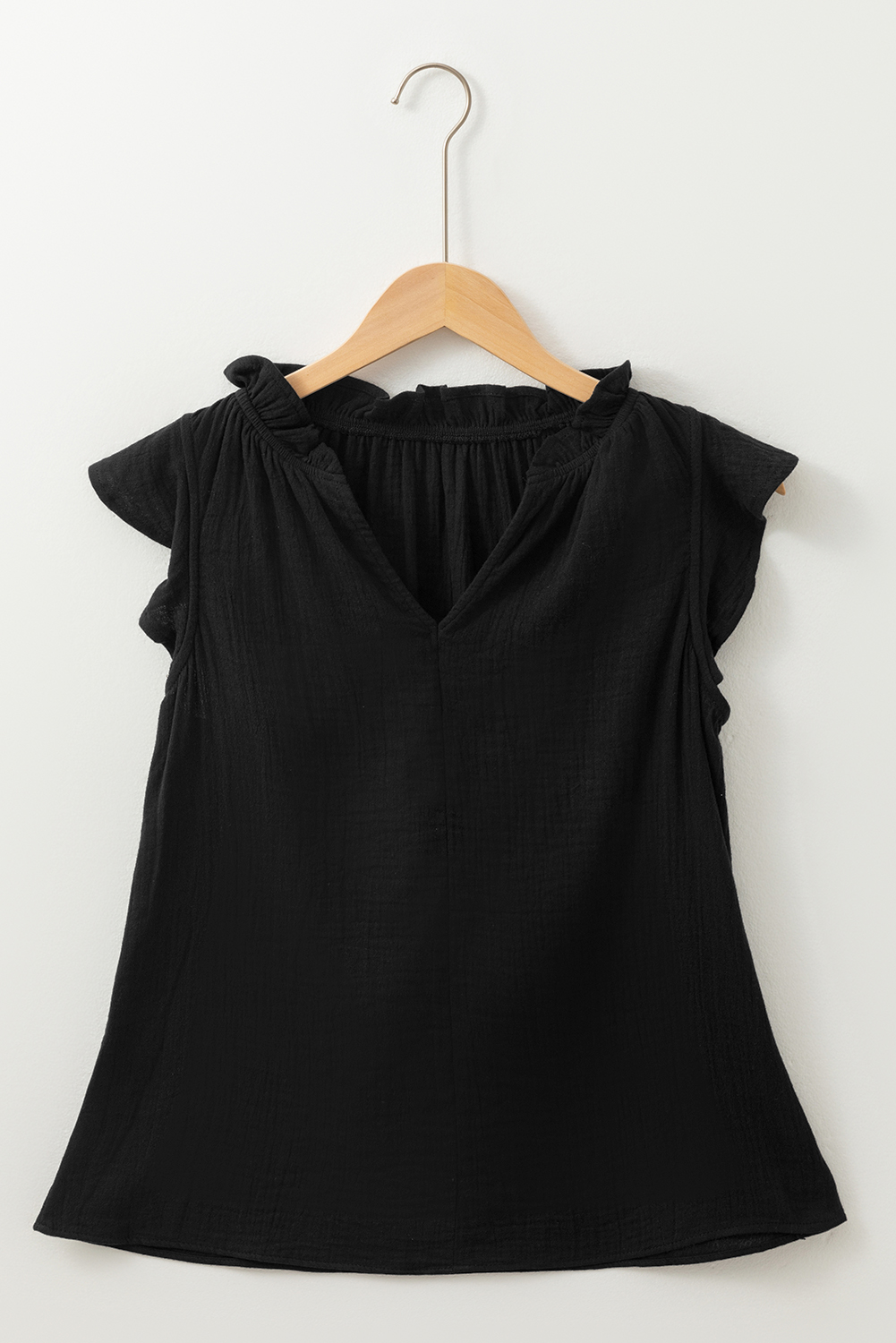 Black Ruffled Shoulder V Neck Shift Tank Top