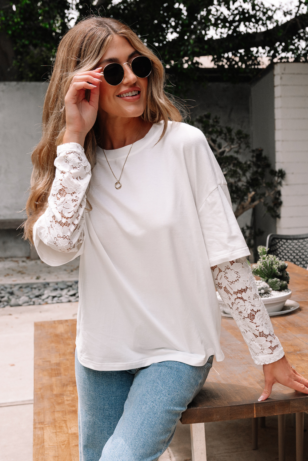 Black Lace Long Sleeve Insert Drop Shoulder Tee