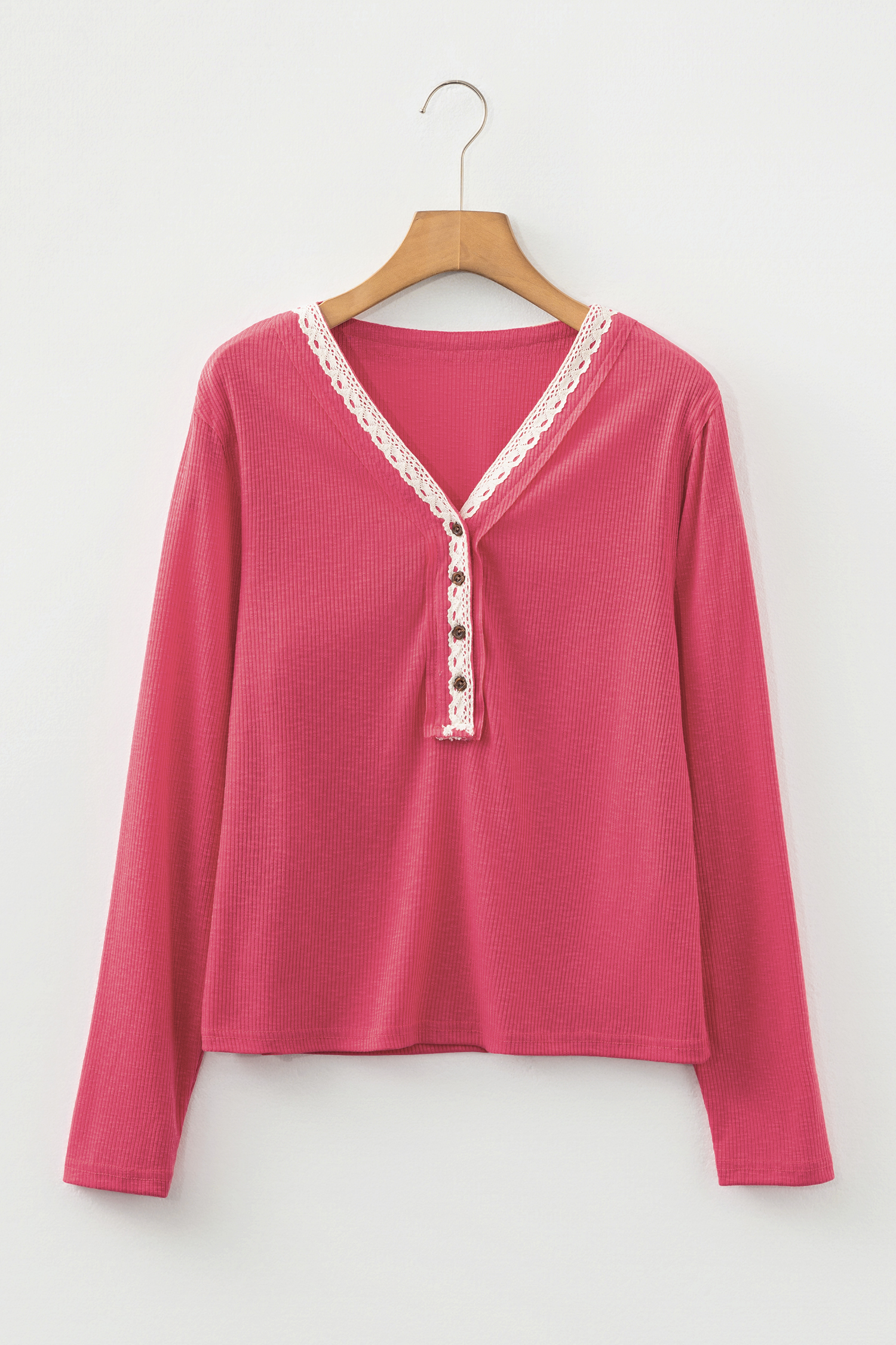 Racing Red Ribbed Texture Contrasted Lace Trim Button V Neck Long Sleeve Top