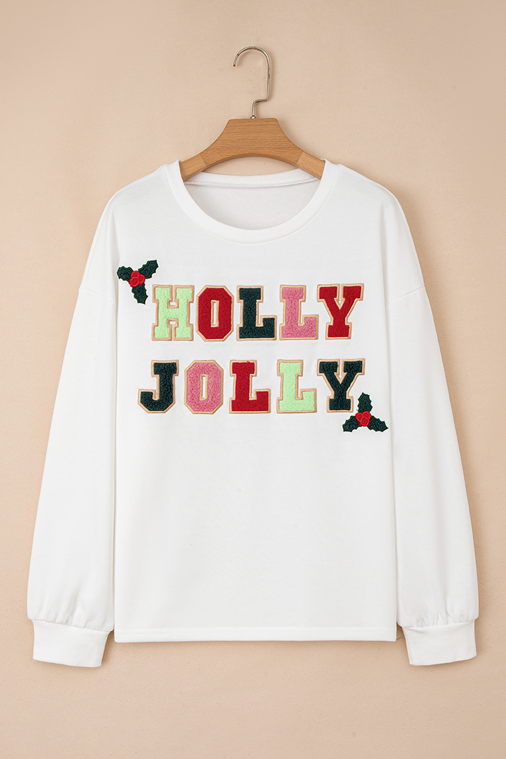 White HOLLY JOLLY Embroidered Graphic Pullover Sweatshirt