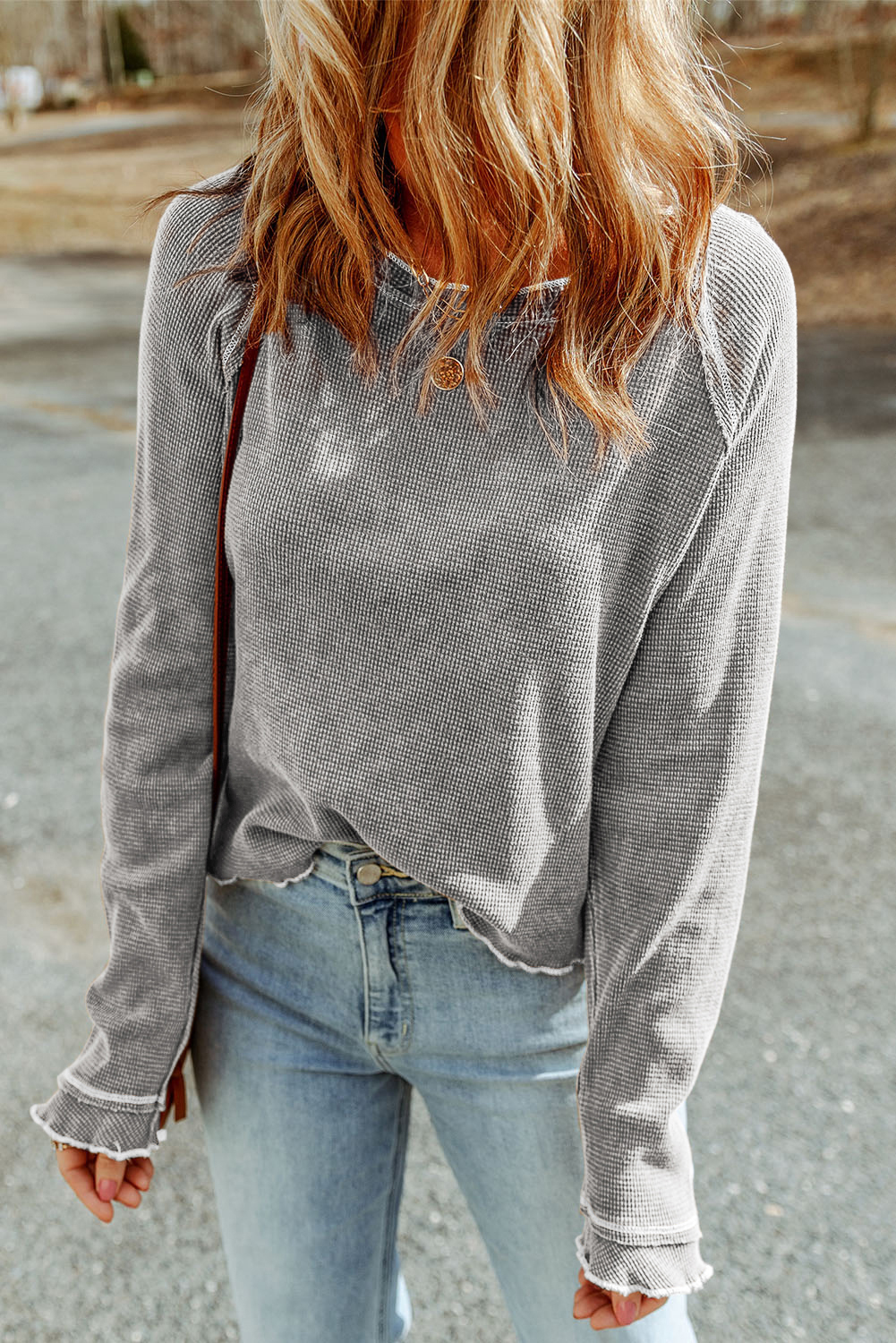 Smoke Gray Textured Round Neck Long Sleeve Top