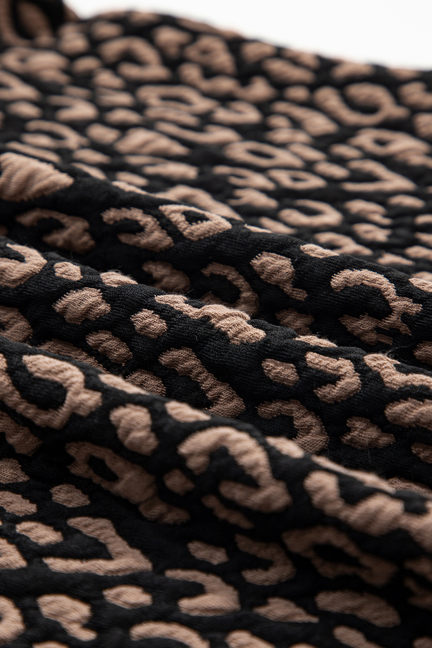 Black Leopard Print Puffy Bracelet Sleeve Contrast Trim Round Neck Top