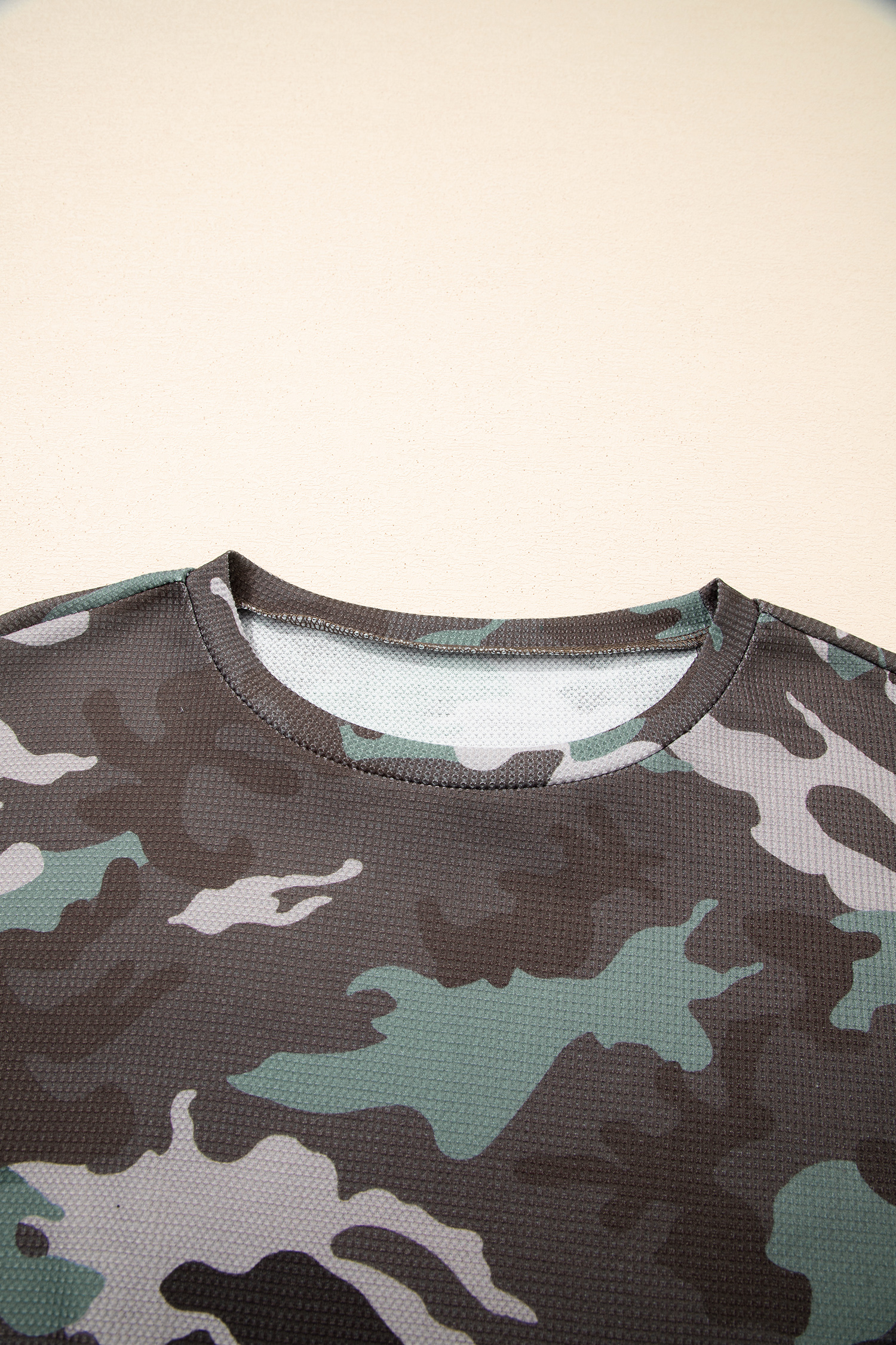 Green Camouflage Print Textured Drop Shoulder Long Sleeve Top