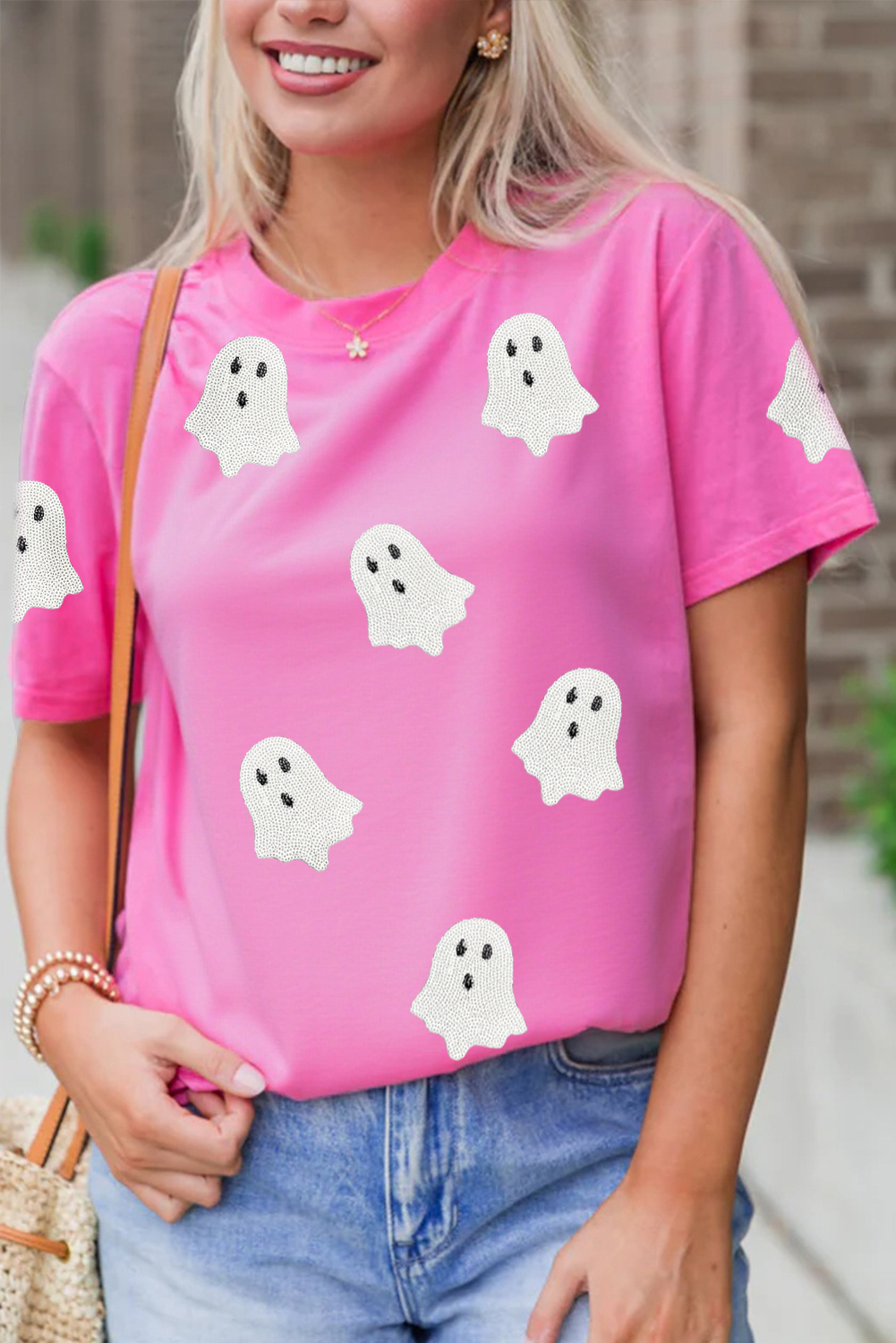 Wisteria Glitter Trim Chenille Ghost Patched Halloween Graphic Tee