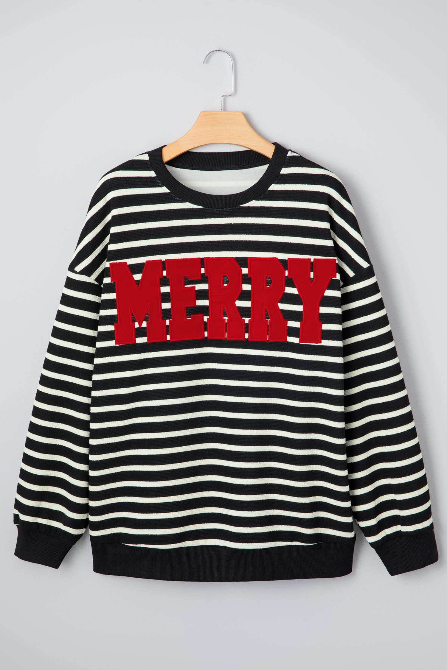 White Stripe Contrast MERRY Letter Christmas Print Drop Shoulder Sweatshirt