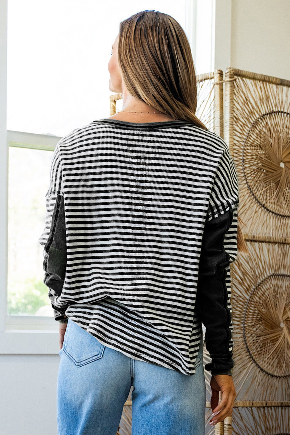 Dearlovers Green Stripe Thermal Knit Drop Shoulder Casual Top
