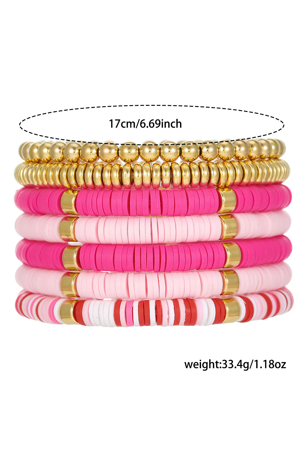 Bright Pink 7pcs Gold Plated Clay Beading Multi Layered Bracelet Set