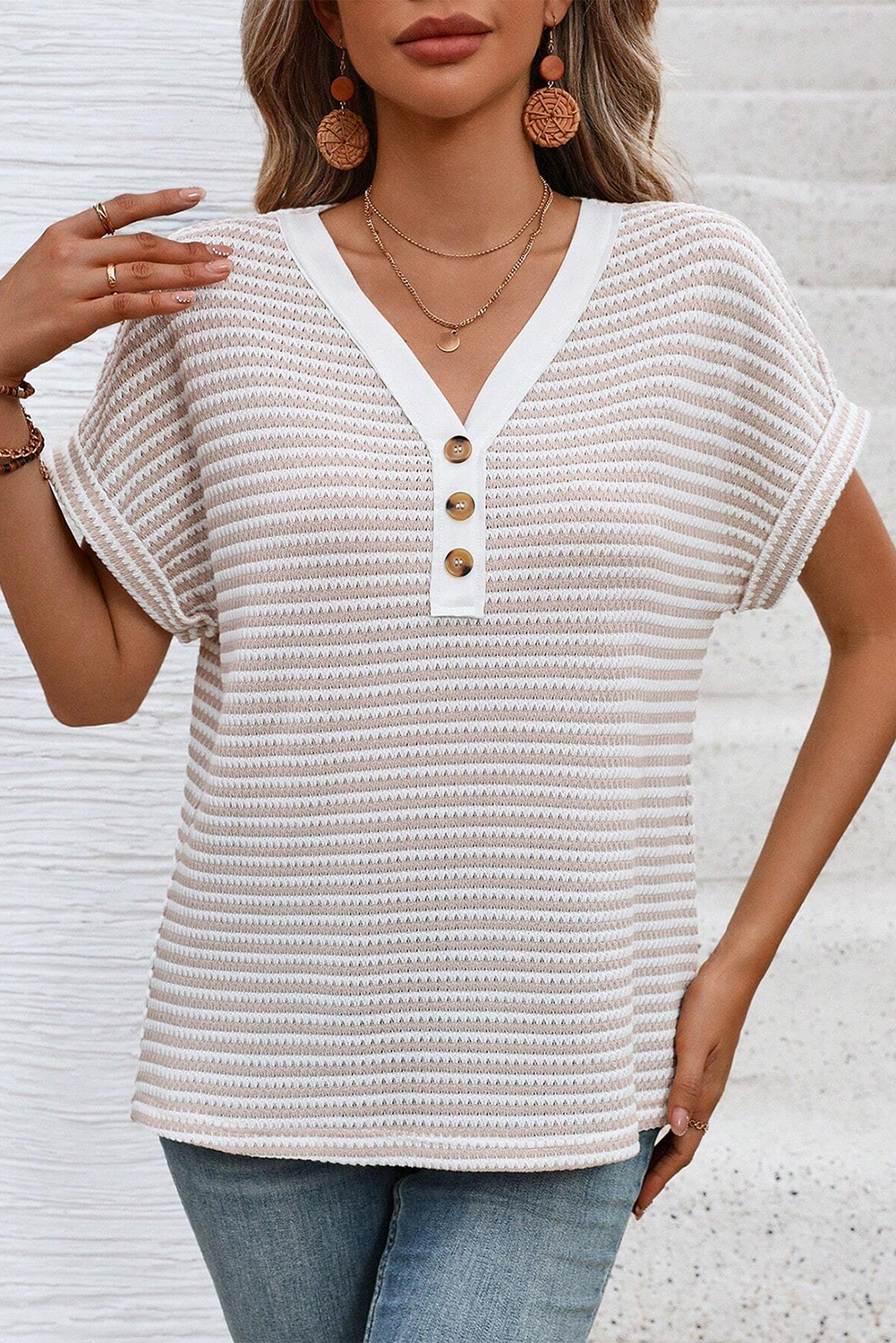 Khaki Stripe Buttoned Front V Neck Knitted T Shirt