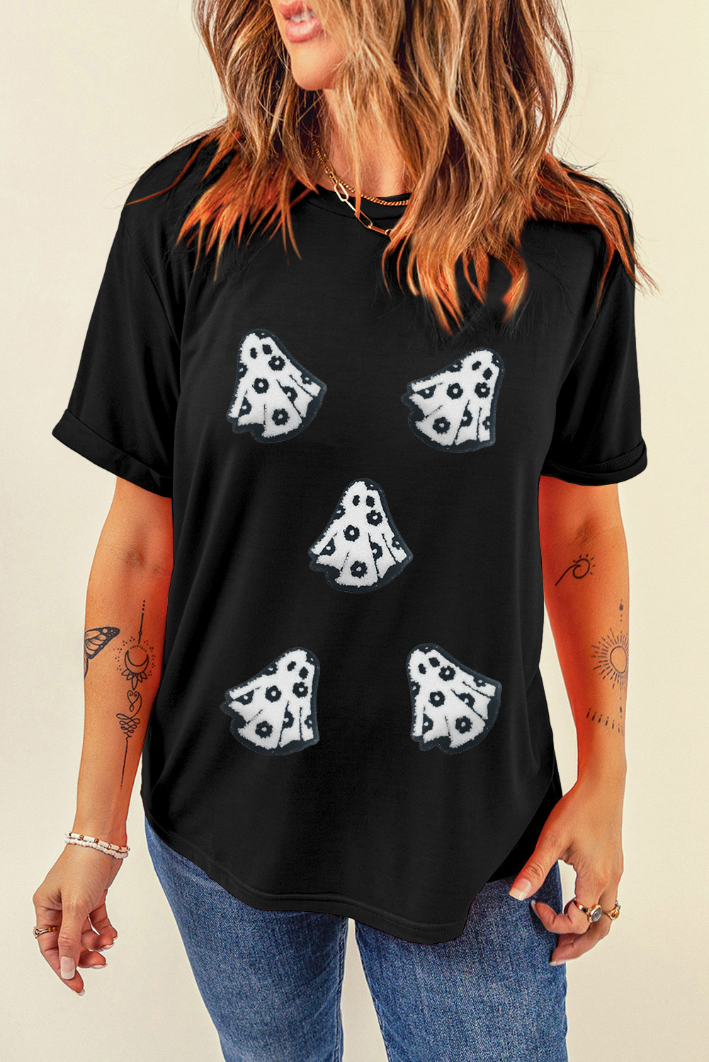 White Playful Ghost Patched Cotton Blend T Shirt