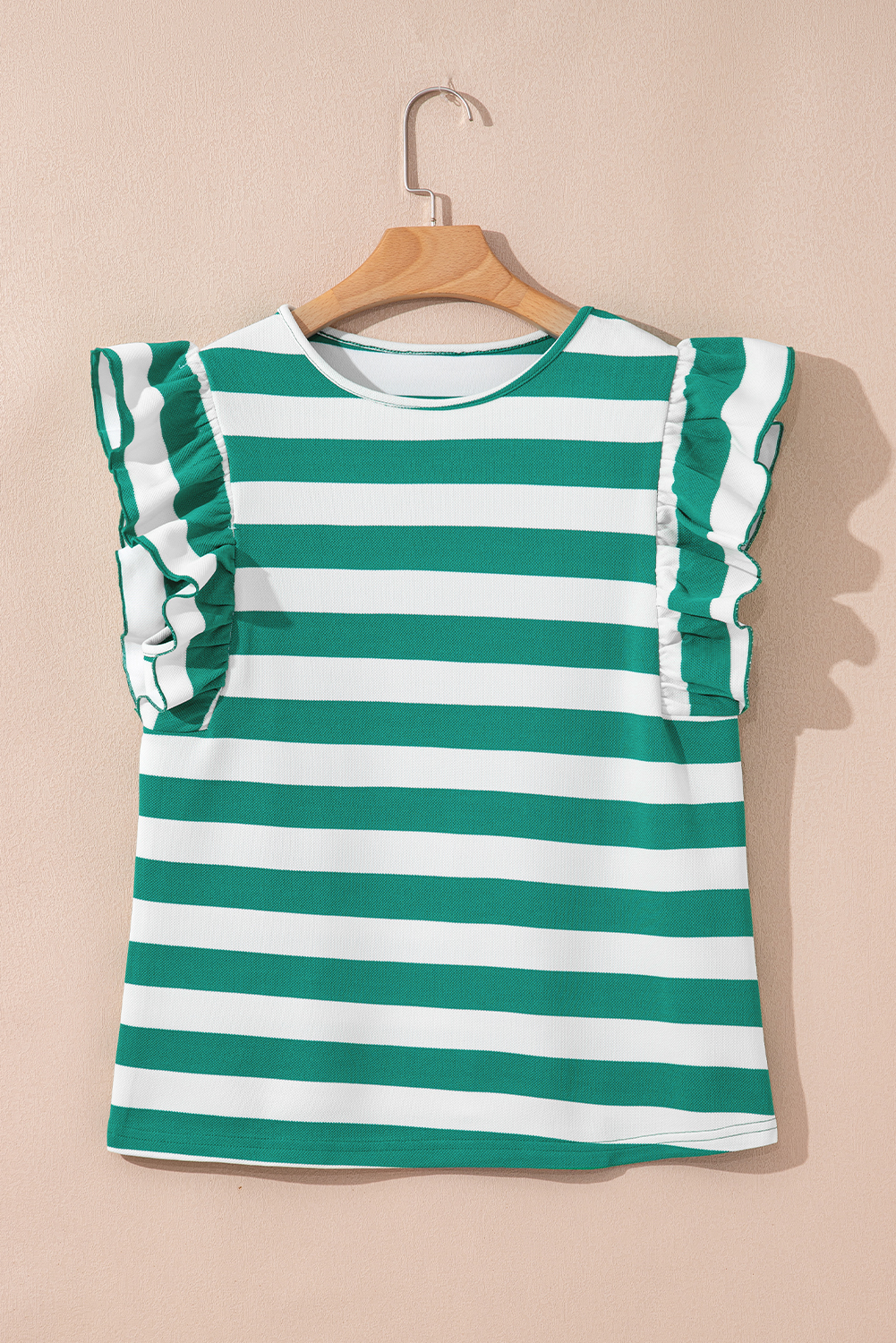 Green Stripe Flutter Sleeve Round Neck Shift Dress