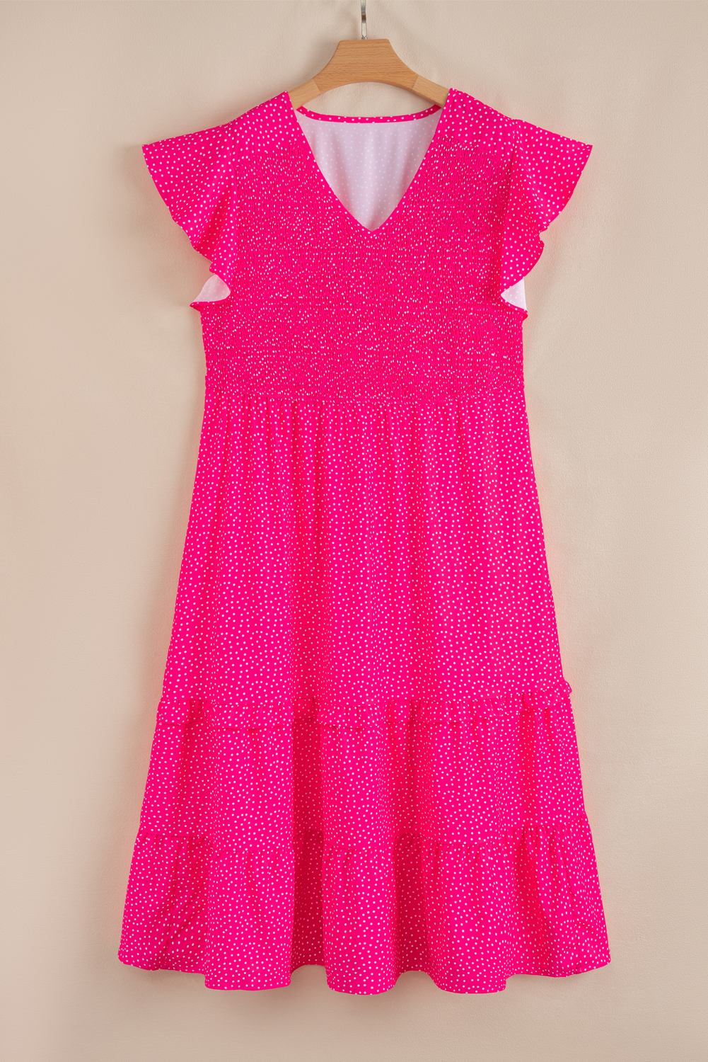 Rose Polka Dot Print Ruffled Smocked High Waist Plus Midi Dress