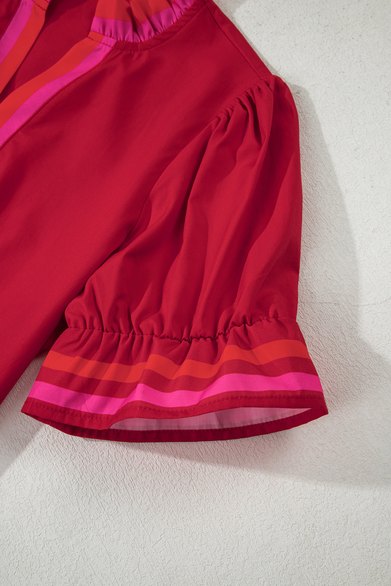 Four Leaf Clover Striped Trim Ruffle Split Neck Long Sleeve Blouse