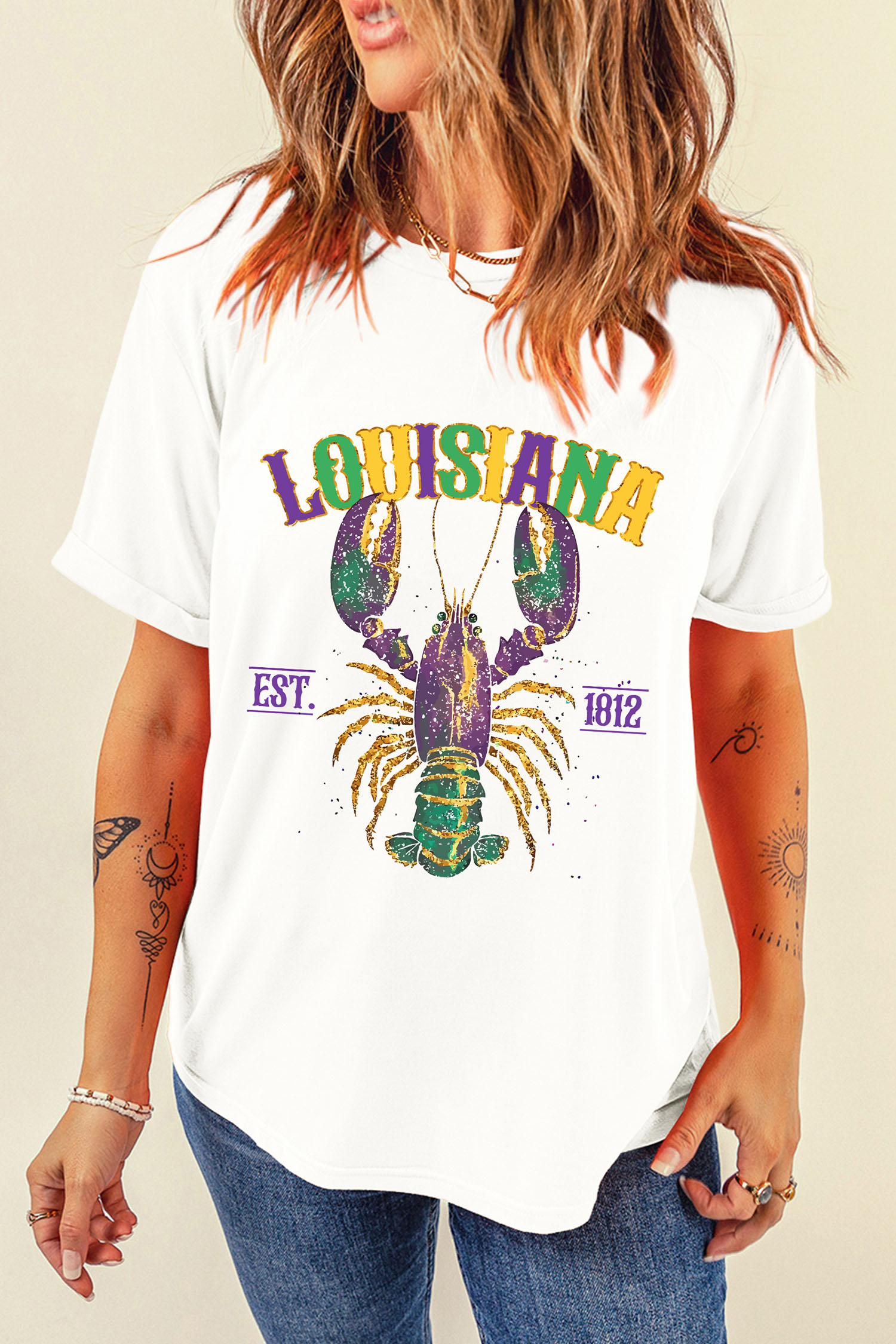 White LOUISIANA Mardi Gras Crayfish Printed Casual T Shirt