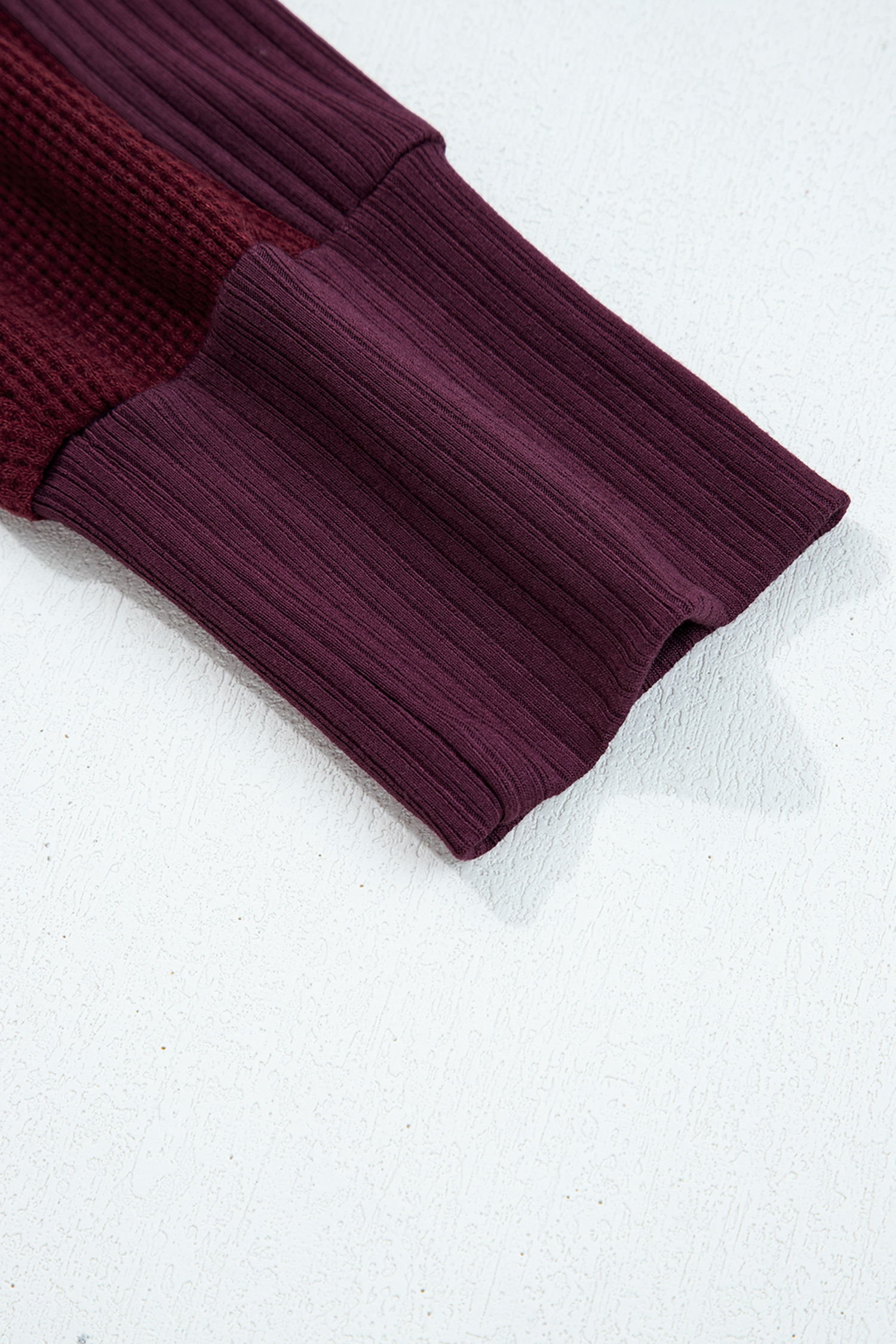 Burgundy Waffle Splicing Zip Up Front Button Hooded Jacket