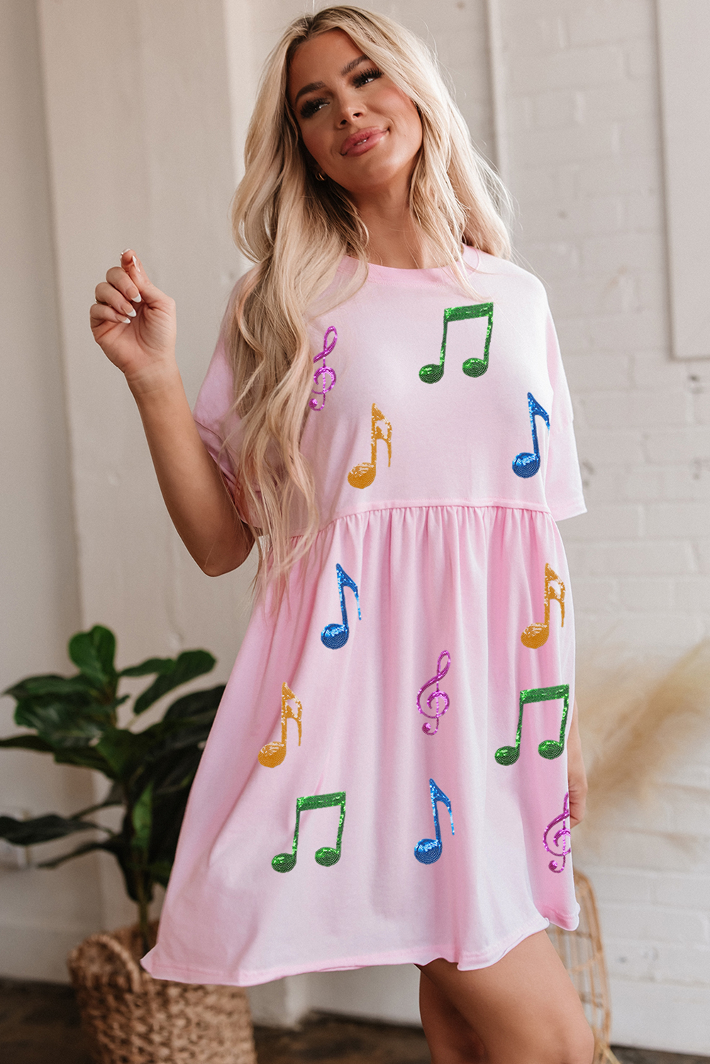 Light Pink Sequined Note Pattern Raw Edge Music Festival Babydoll T-shirt Dress