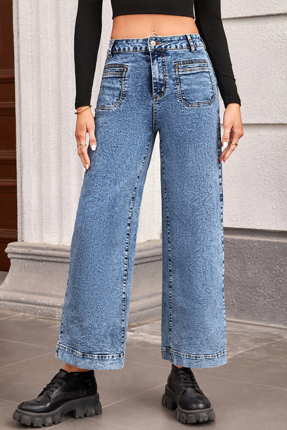 Light Blue Chic Patch Pocket Straight Leg Loose Jeans