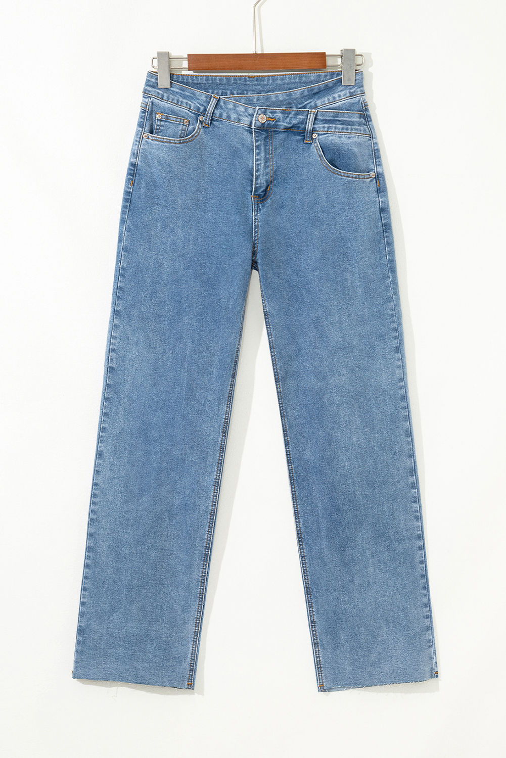 Blue Mid Rise Asymmetrical Waist Wide Leg Jeans