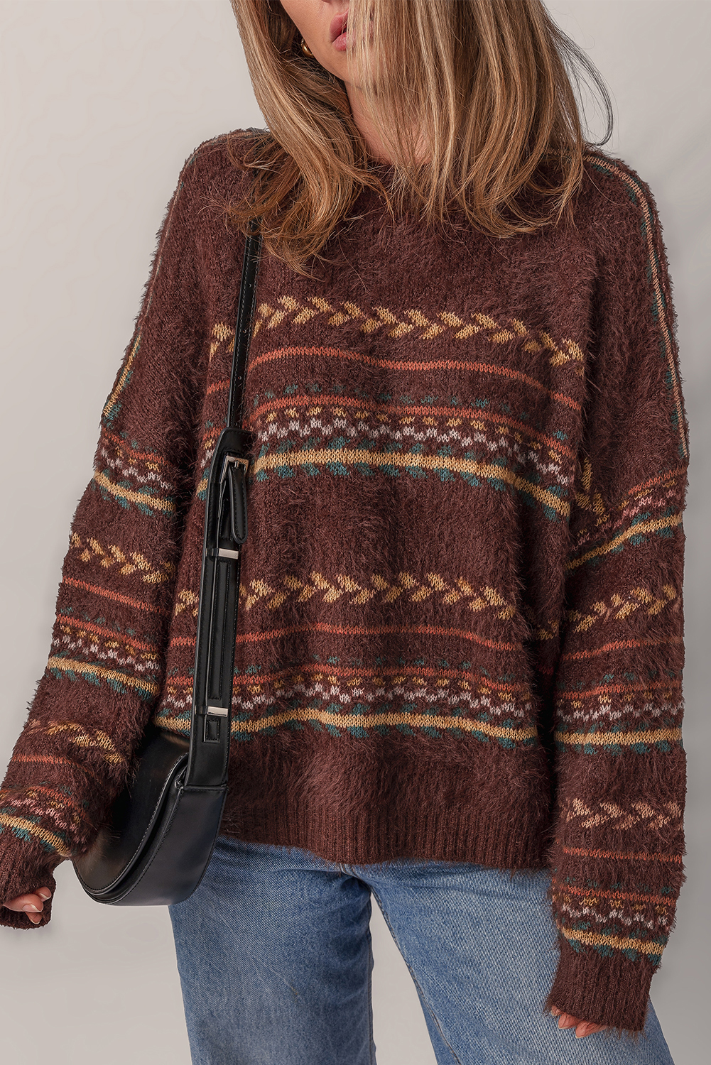 Brown Ethnic Pattern Mohair Knitted Drop Shoulder Sweater