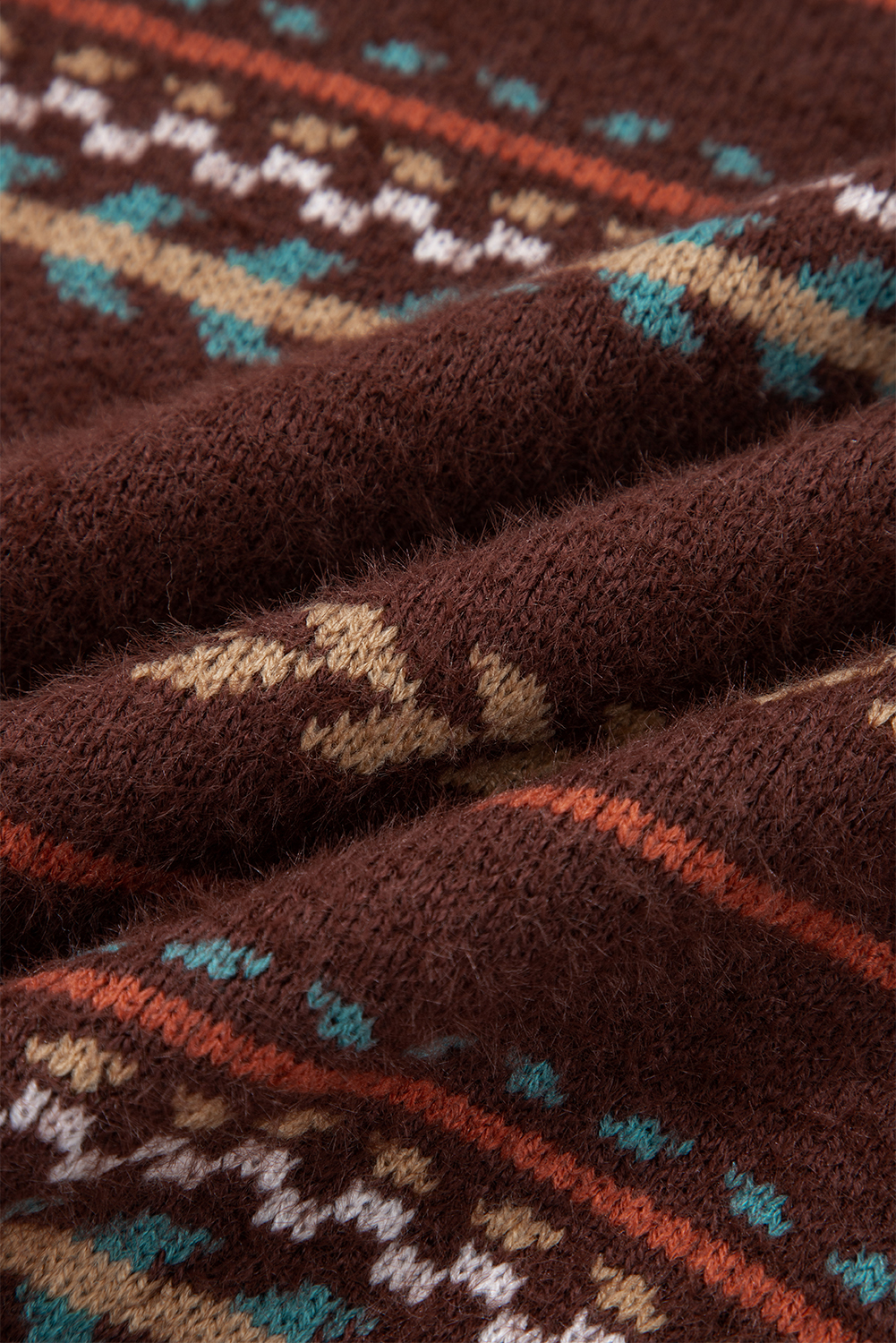 Brown Ethnic Pattern Mohair Knitted Drop Shoulder Sweater