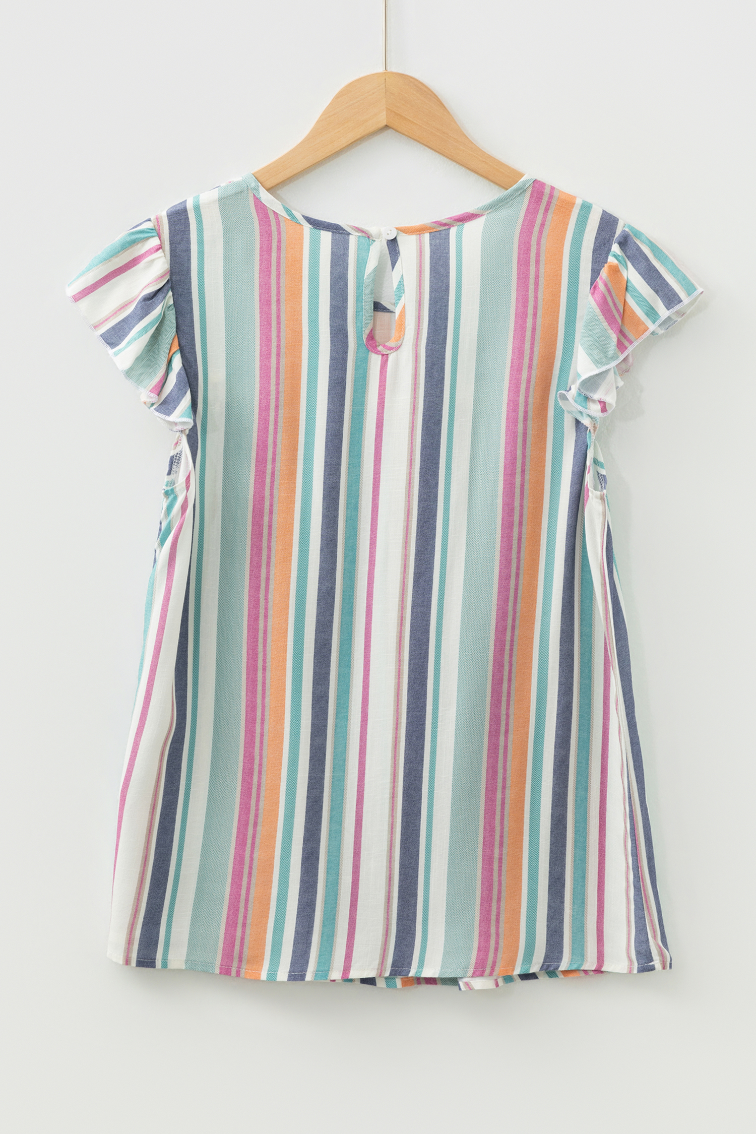 Light Blue Lace Hollow-out Insert Flutter Sleeve Striped Blouse