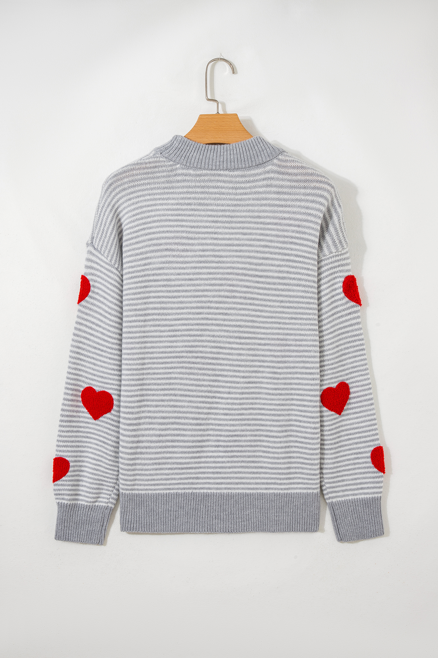 Gray Stripe Contrast Heart Pattern Valentine Knit Sweater