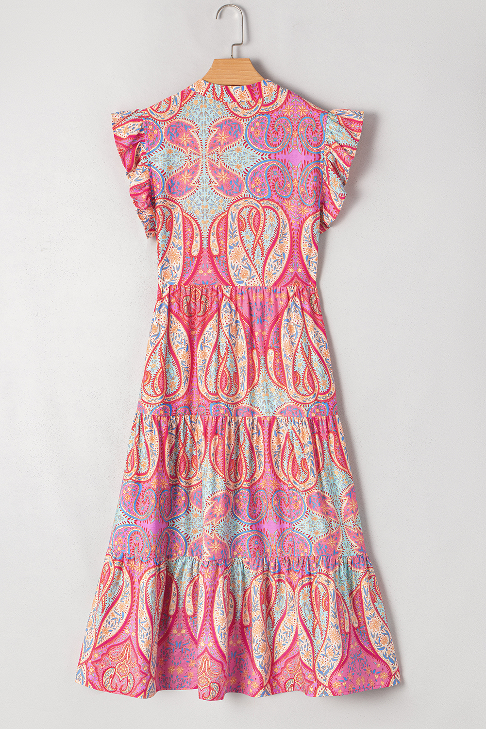 Rose Tribal Paisley Print Ruffled Sleeve Notch Neck Midi Dress