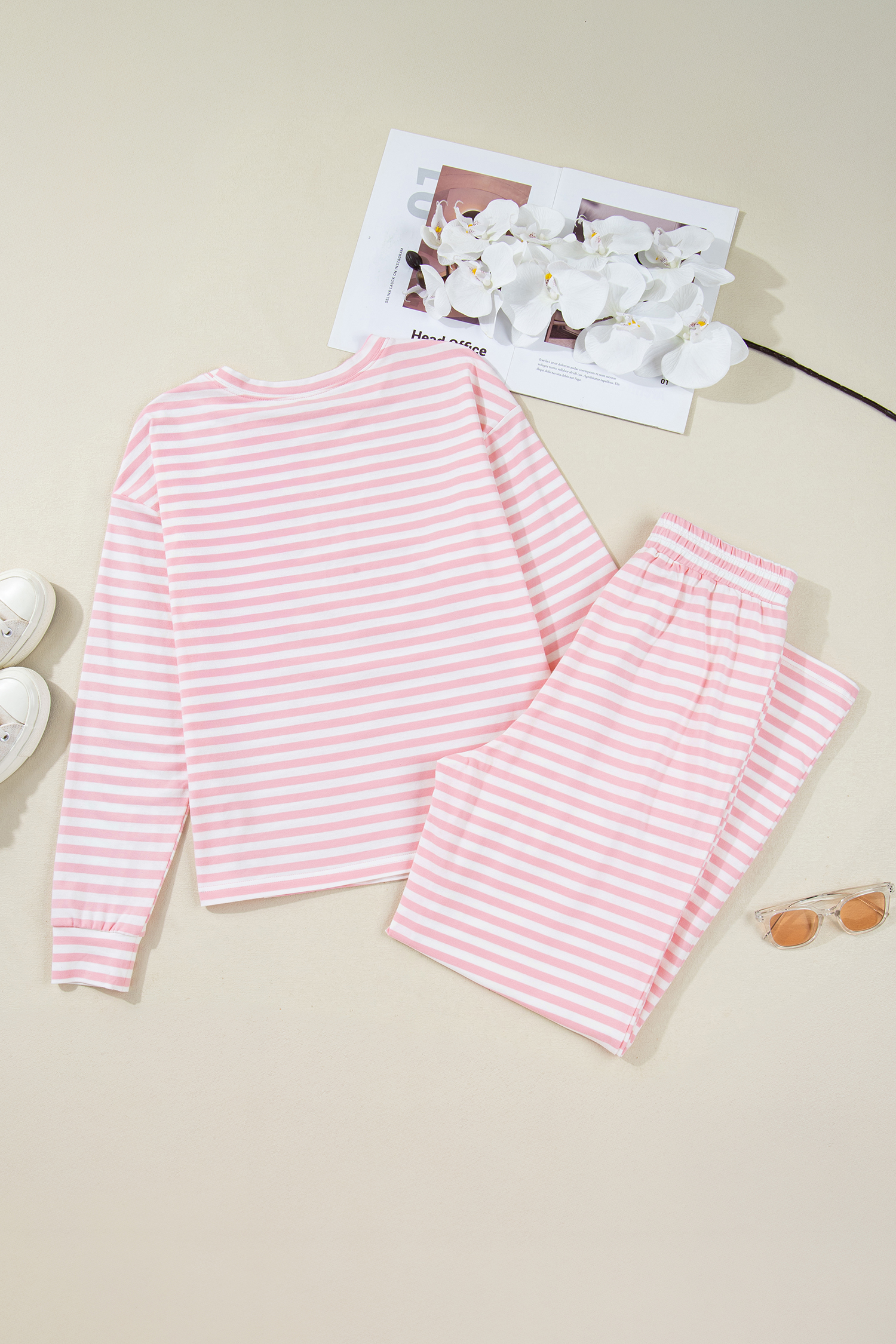 Rose Stripe Drop Shoulder Round Neck Top and Buttoned Straight Pants Two Piece Set