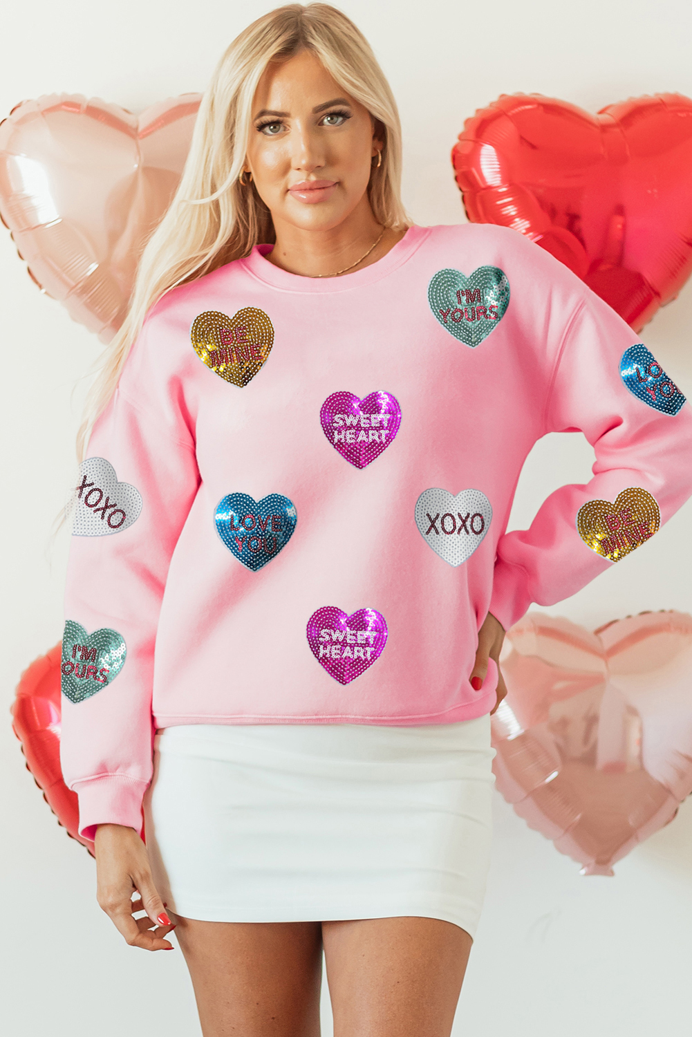 Pink Sequin Valentines Lettering Heart Patched Crewneck T Shirt