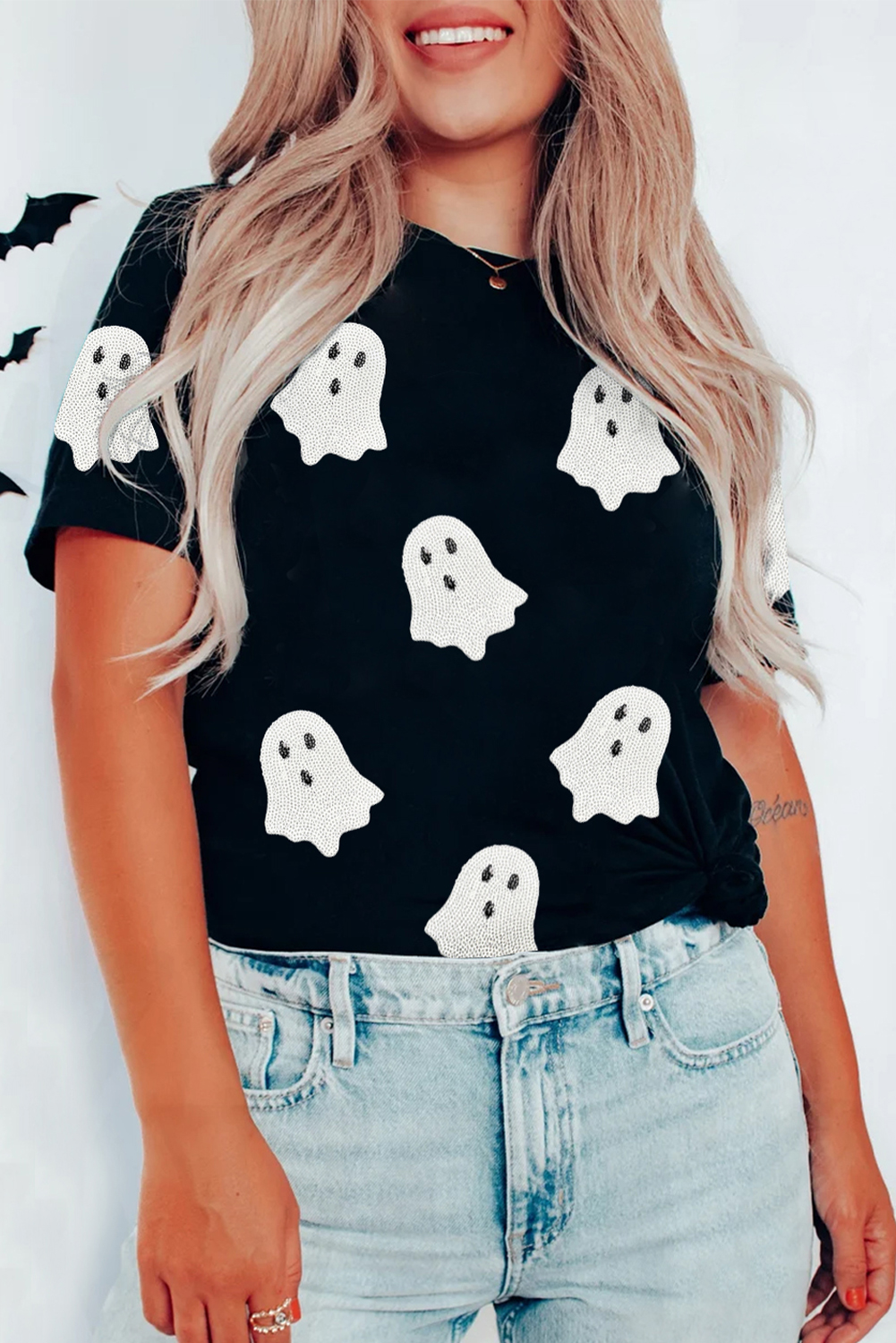 Wisteria Glitter Trim Chenille Ghost Patched Halloween Graphic Tee