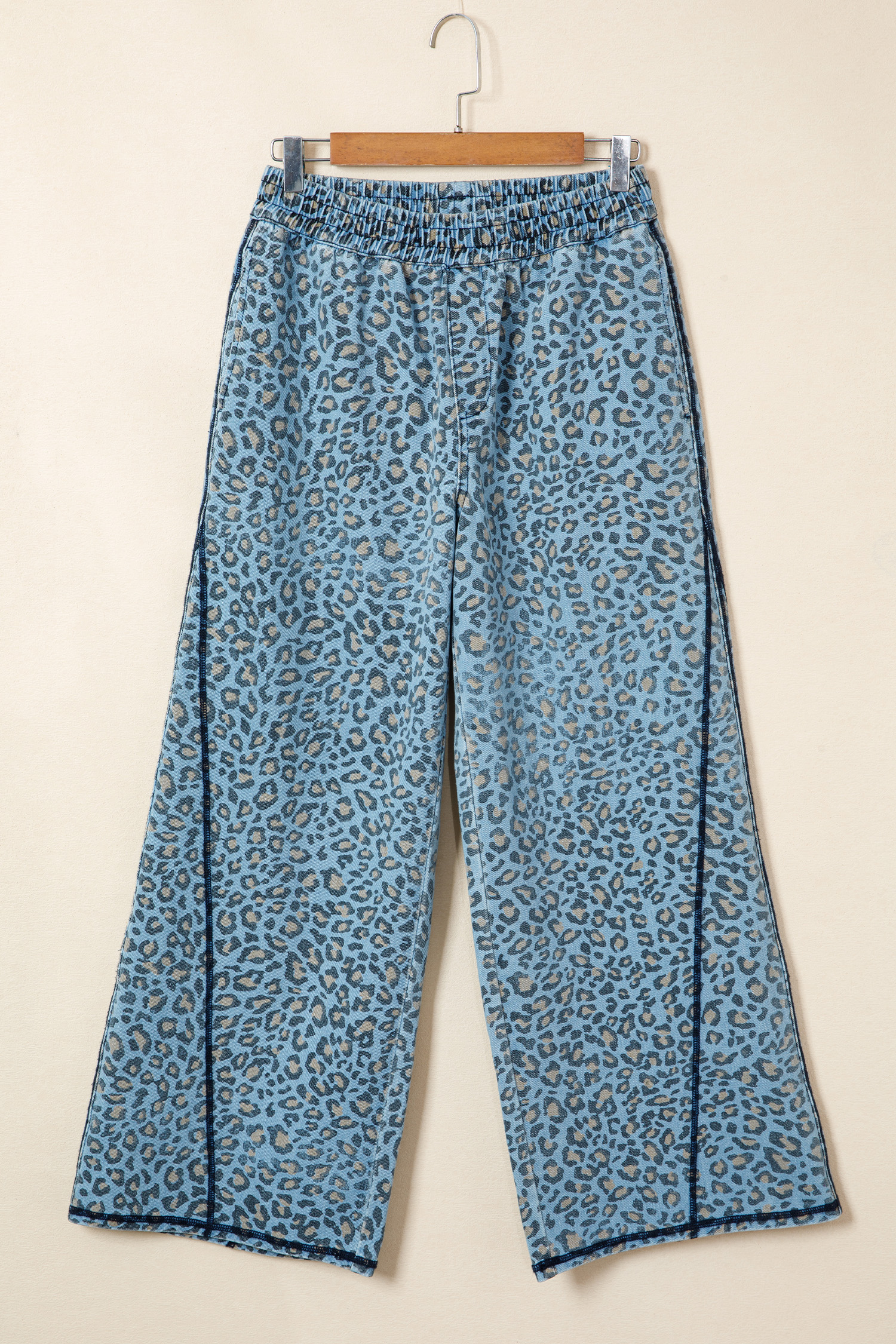 Blue Leopard Print Exposed Seam Detail Wide Leg Drawstring Jeans