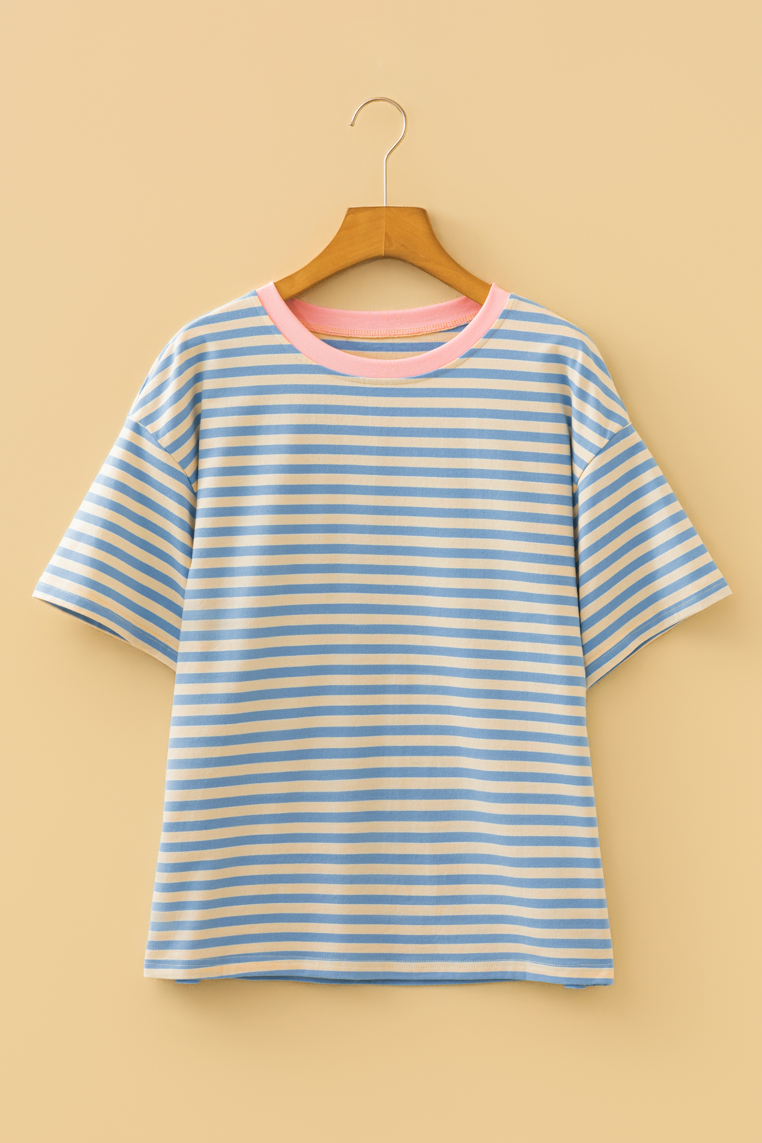 Sky Blue Stripe Contrast Crew Neck Drop Shoulder Loose Tee