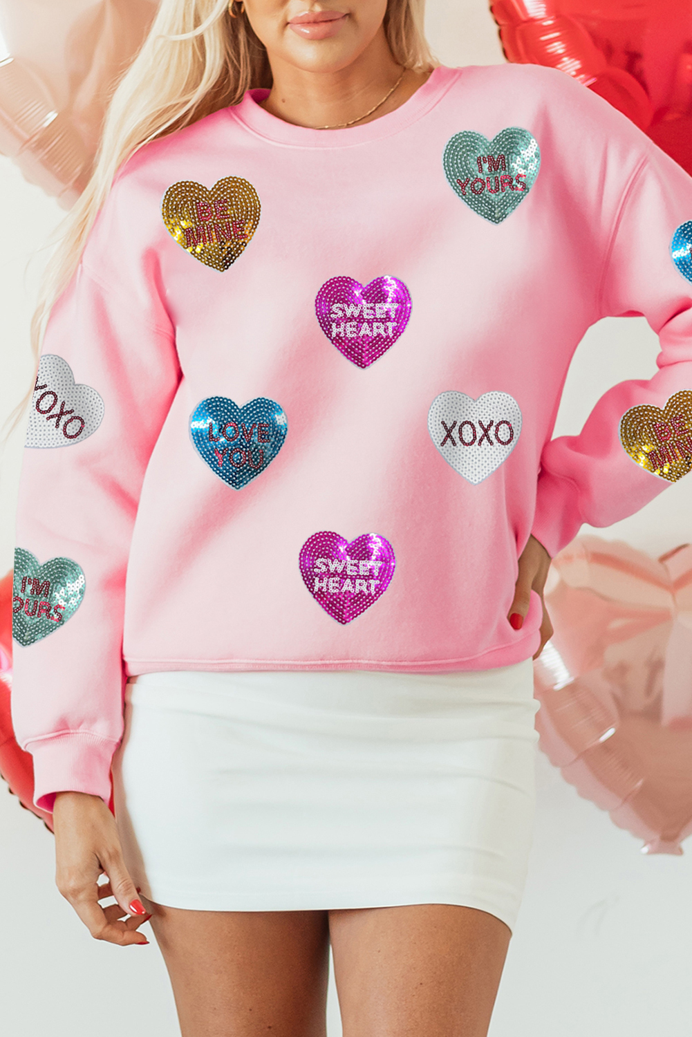 Pink Sequin Valentines Lettering Heart Patched Crewneck T Shirt