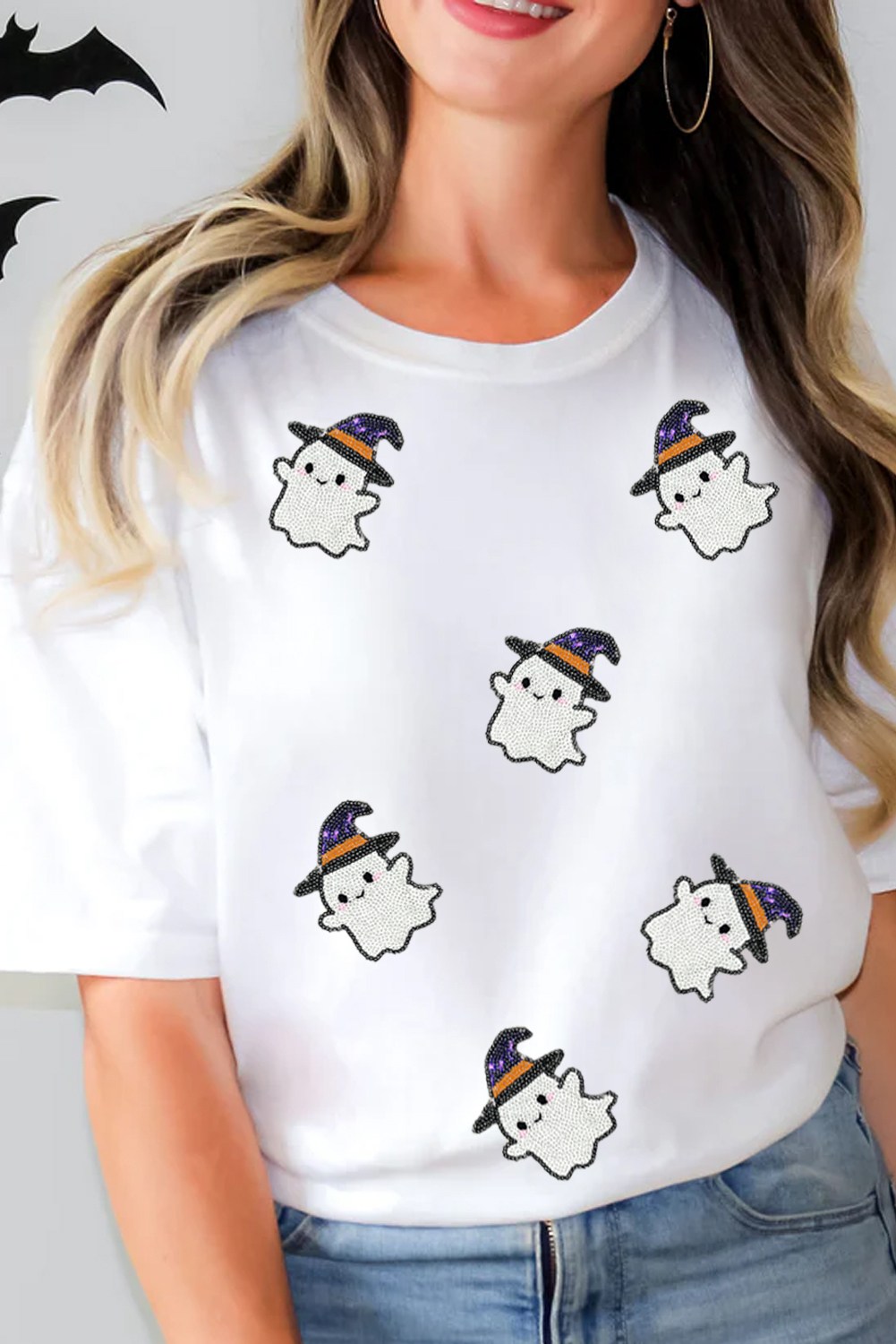 Wisteria Glitter Trim Chenille Ghost Patched Halloween Graphic Tee