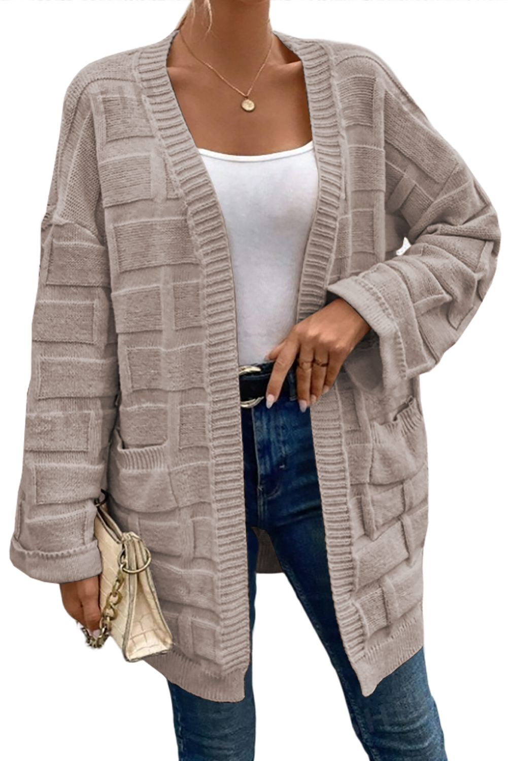 Delicacy Textured Knit Open Front Chic Cardigan with Pockets