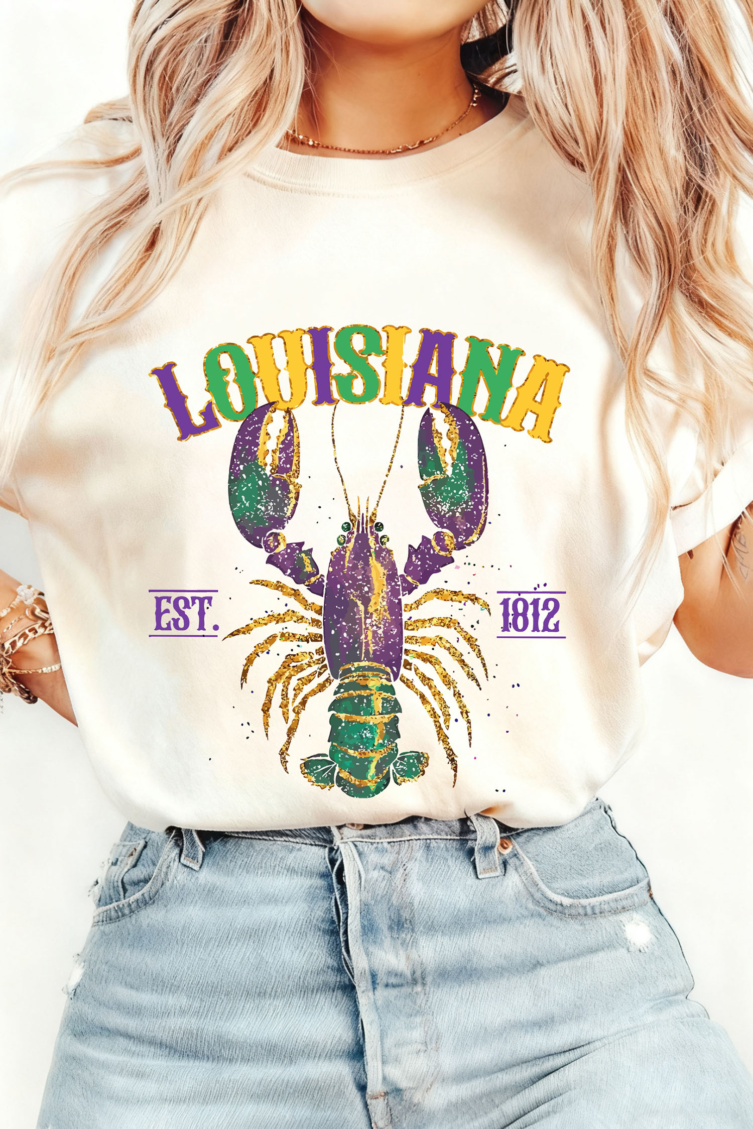 White LOUISIANA Mardi Gras Crayfish Printed Casual T Shirt