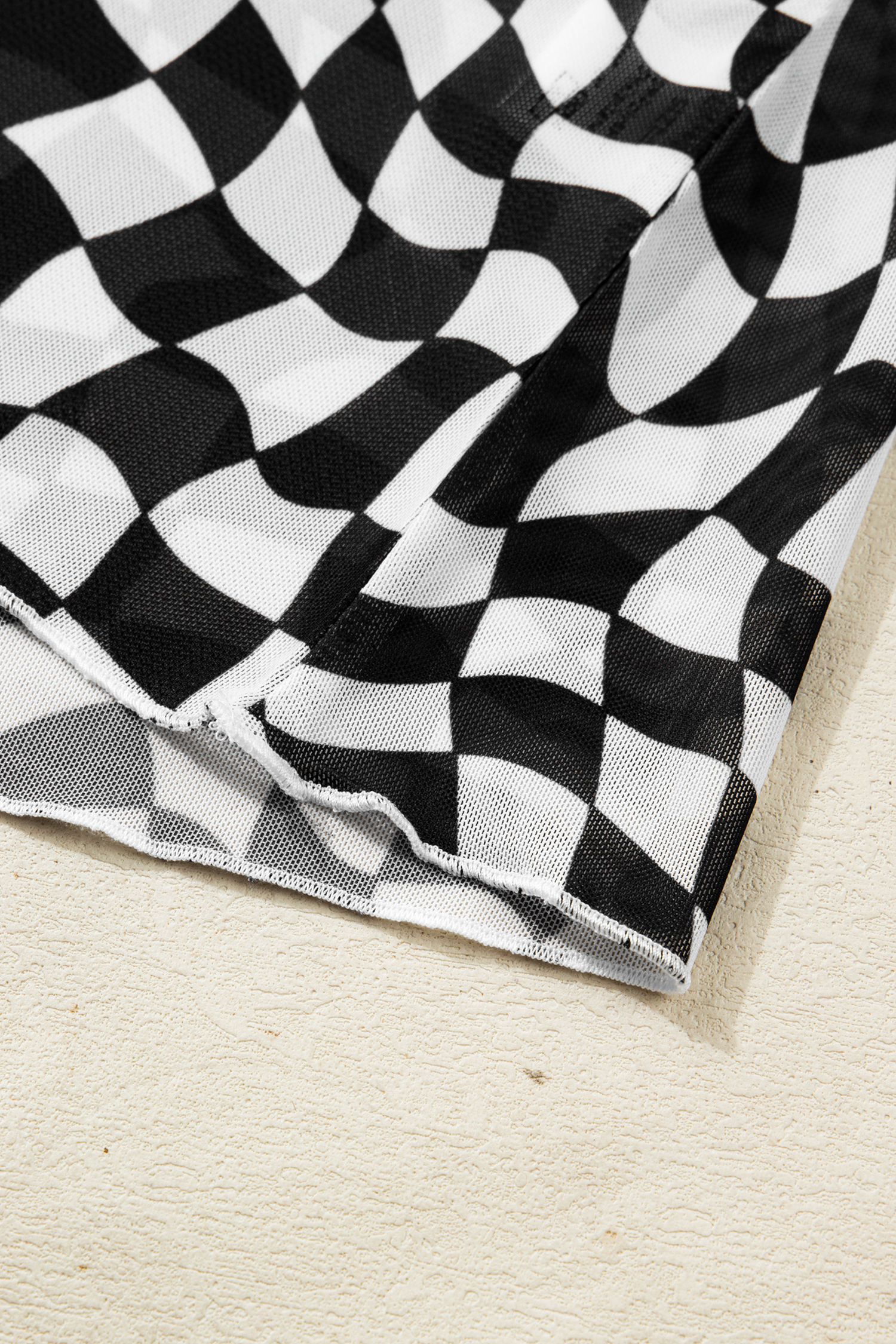 Purple Checkered Print Mock Neck Mesh T Shirt