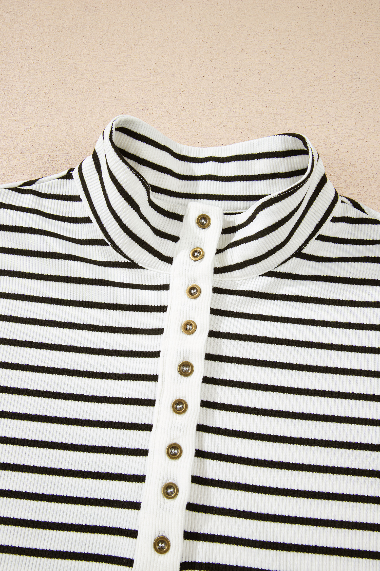 Black Stripe Ribbed Knit Half Button Long Sleeve Slim Top