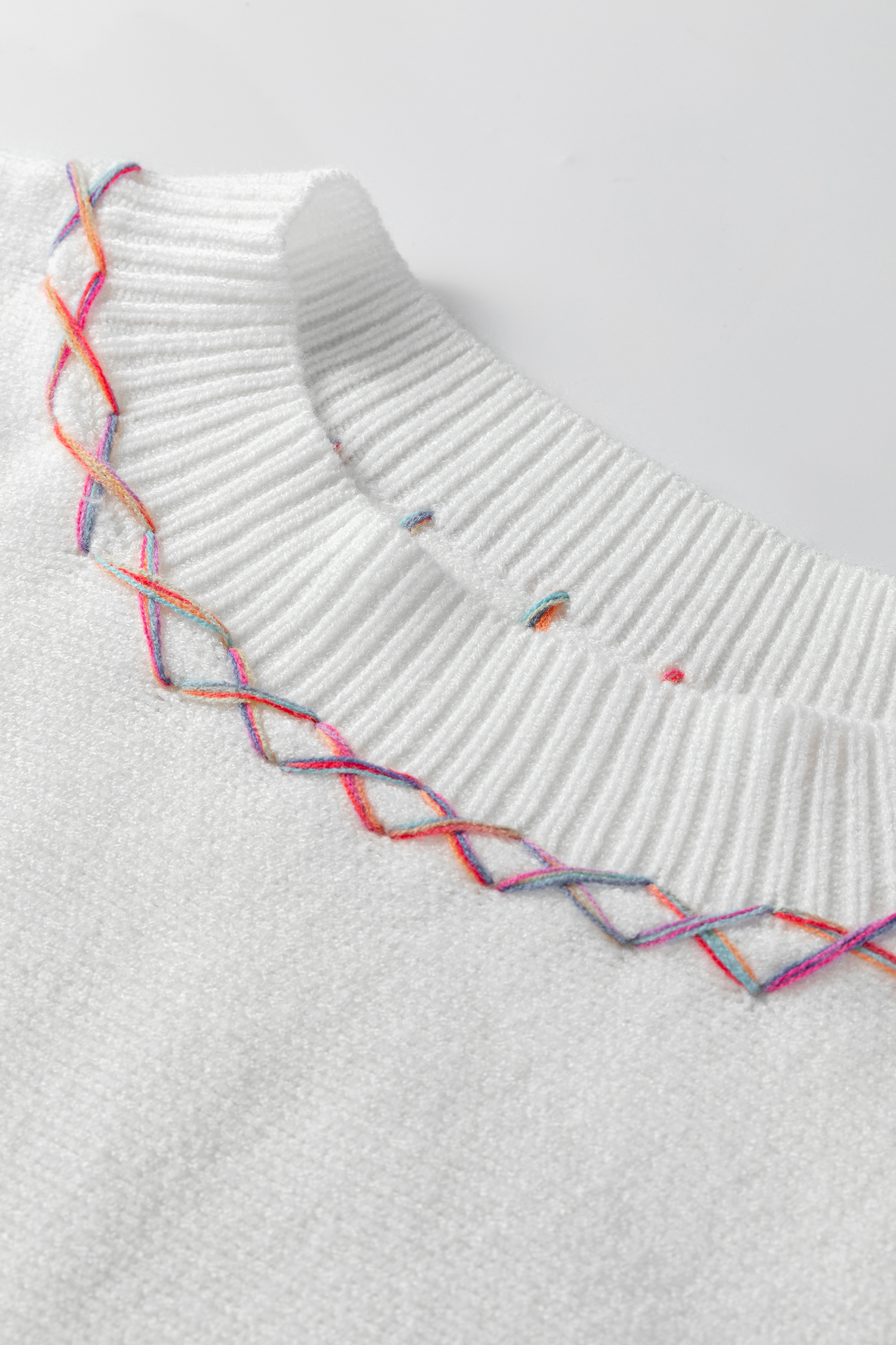 White Rainbow Stitching Balloon Sleeve Relaxed Sweater