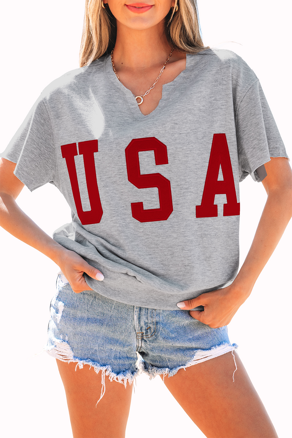 Light Grey USA Lettering Patch Notched Neck Loose Tee