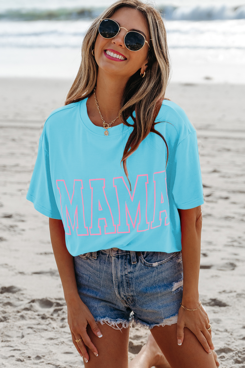 Black MAMA Letter Graphic Neon T Shirt